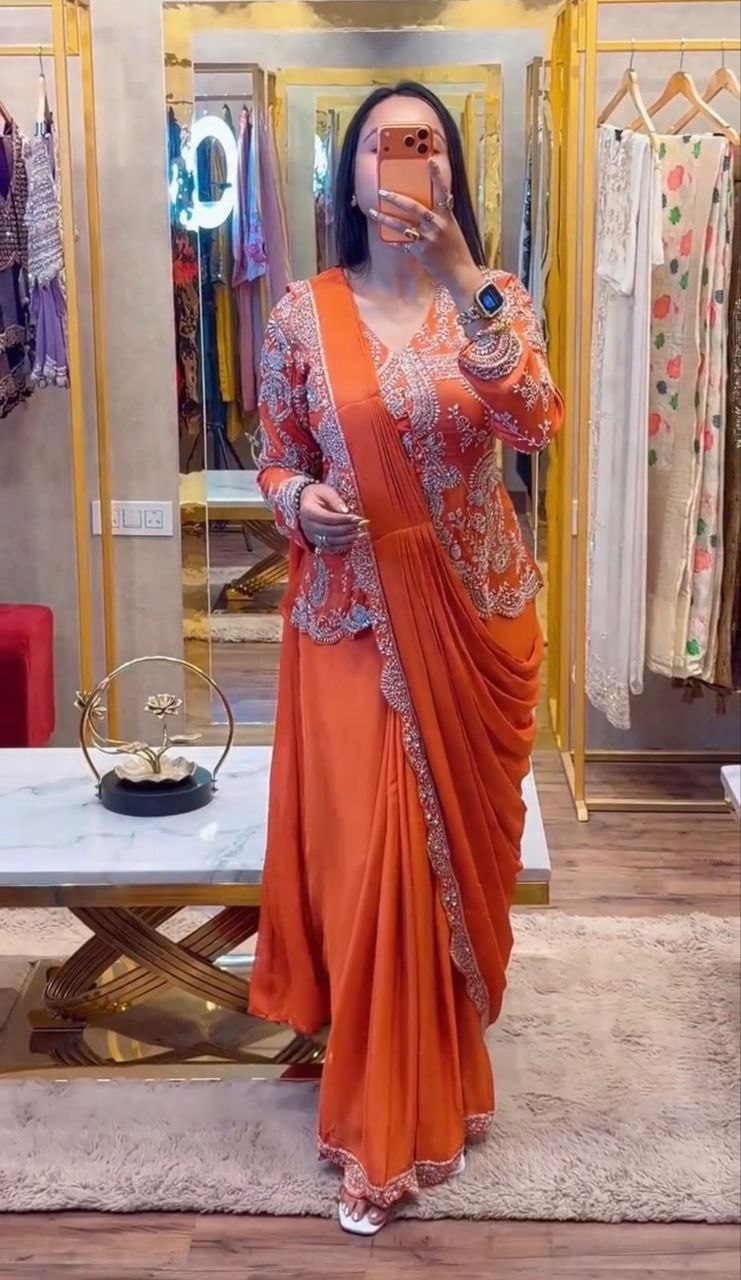 New Super Trending Embroidery Sequence work ready to wear saree with full koti