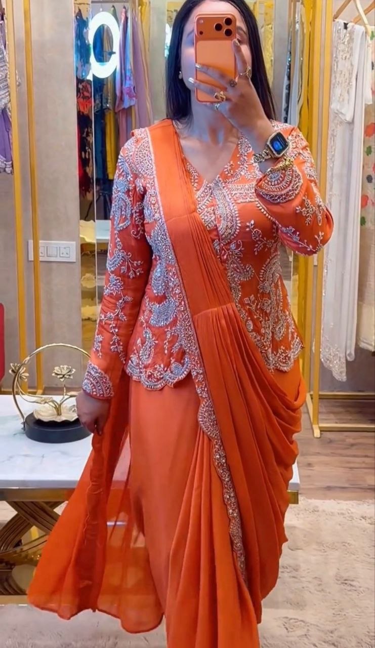 New Super Trending Embroidery Sequence work ready to wear saree with full koti