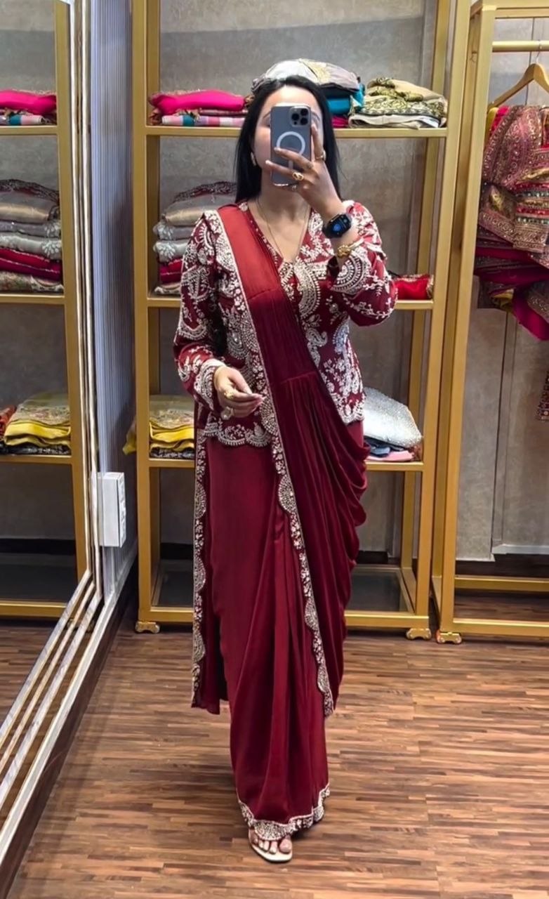 New Super Trending Embroidery Sequence work ready to wear saree with full koti