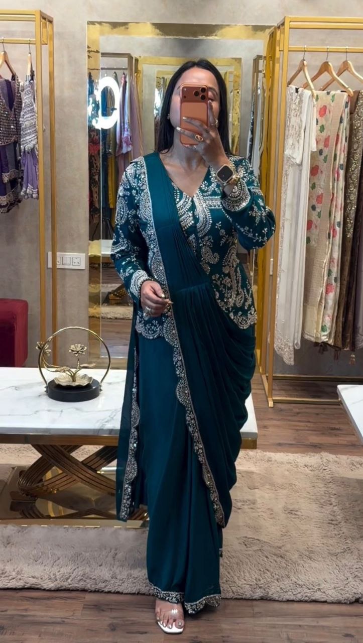 New Super Trending Embroidery Sequence work ready to wear saree with full koti