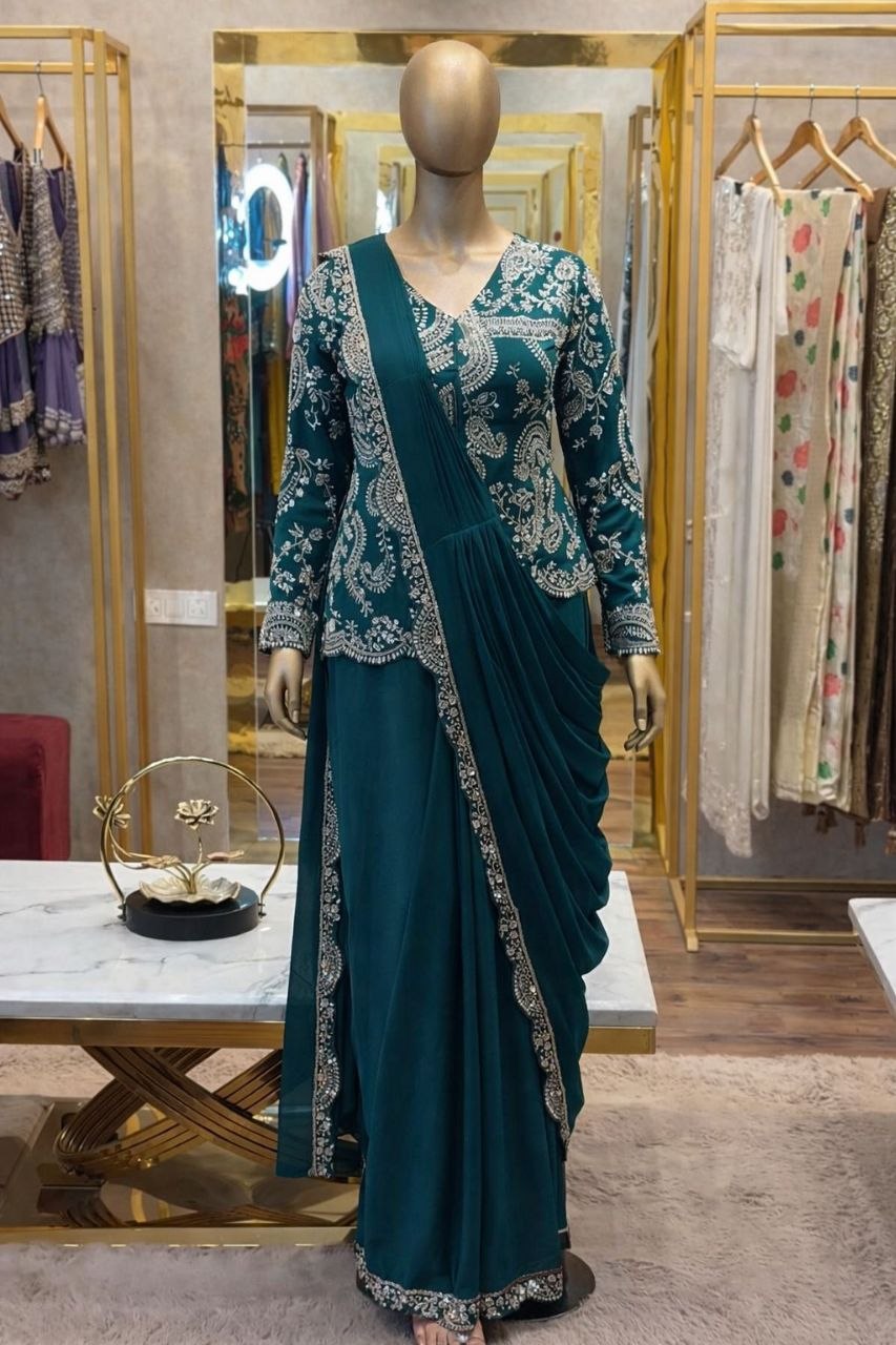 New Super Trending Embroidery Sequence work ready to wear saree with full koti