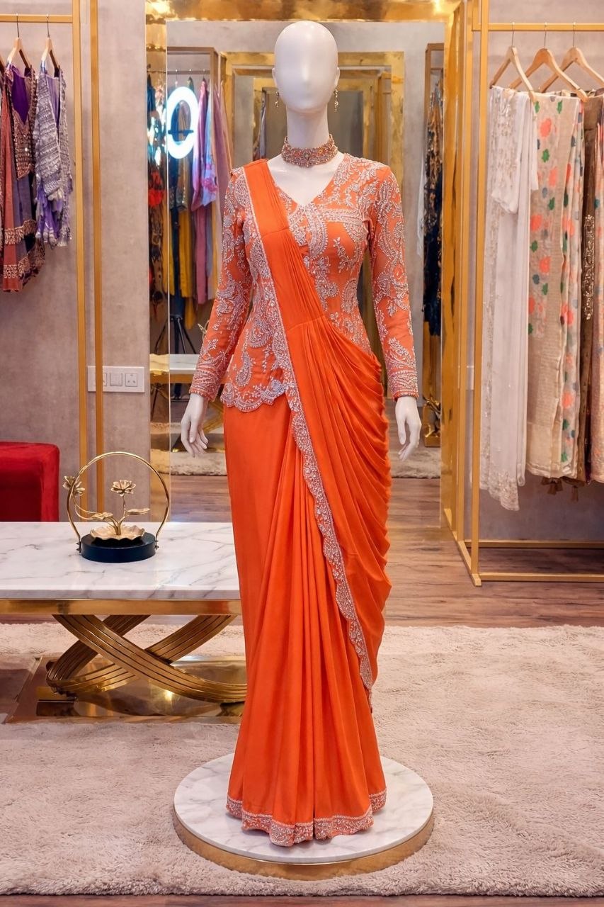 New Super Trending Embroidery Sequence work ready to wear saree with full koti