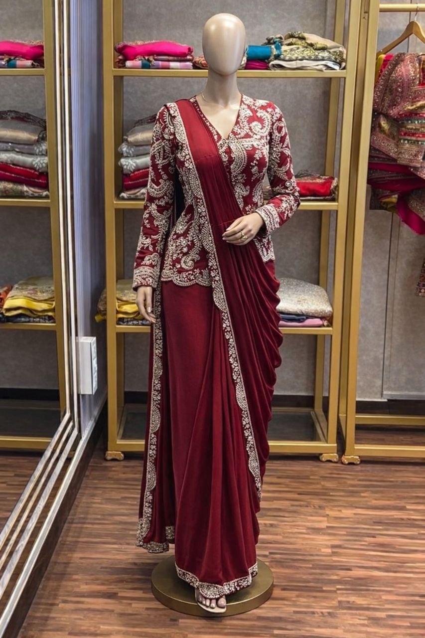New Super Trending Embroidery Sequence work ready to wear saree with full koti