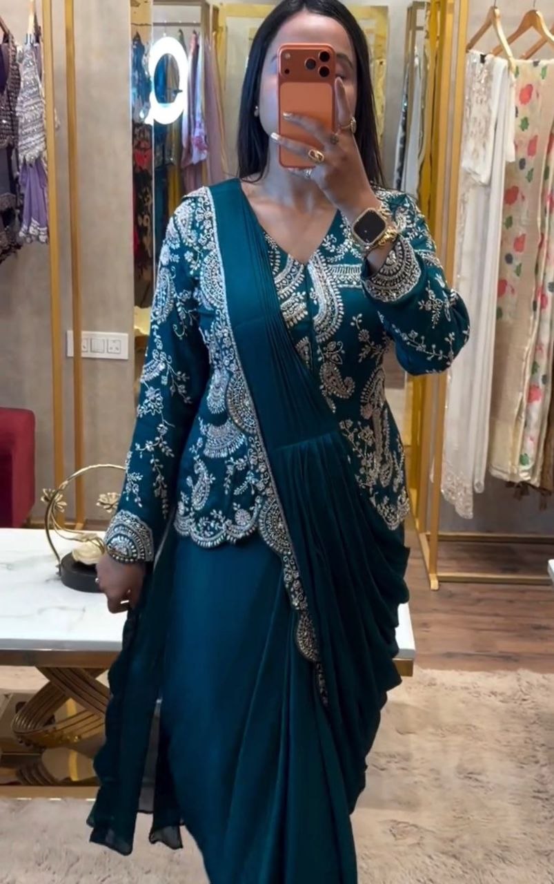 New Super Trending Embroidery Sequence work ready to wear saree with full koti