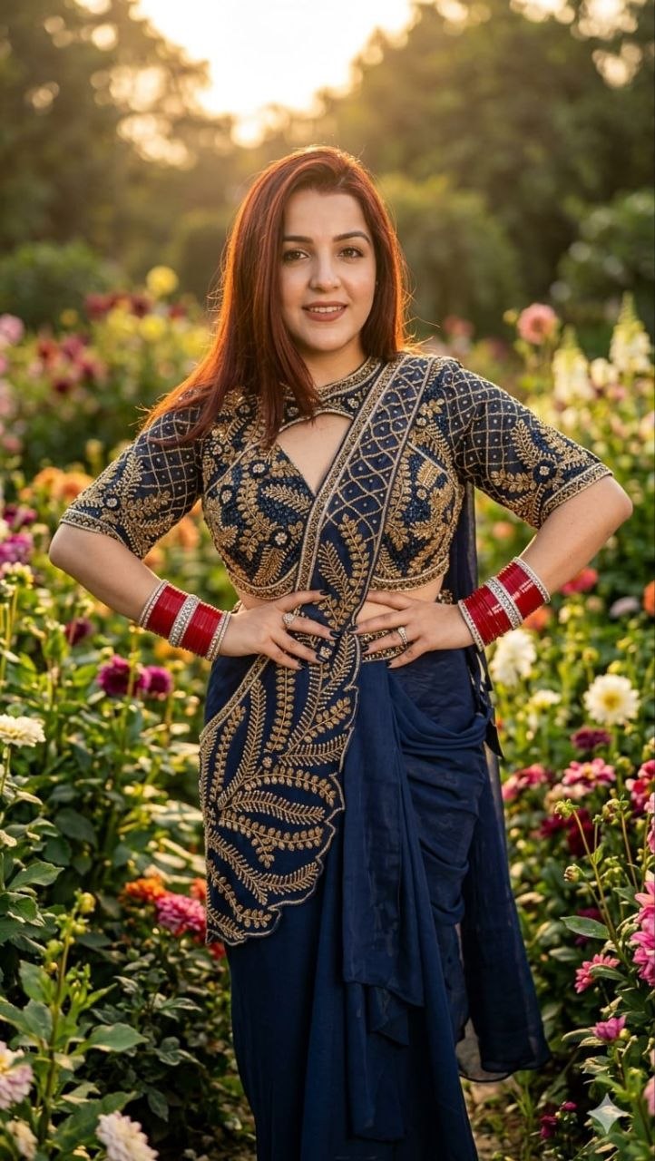 Royal Navy Blue Saree with Intricate Embroidery & Modern Drape Style