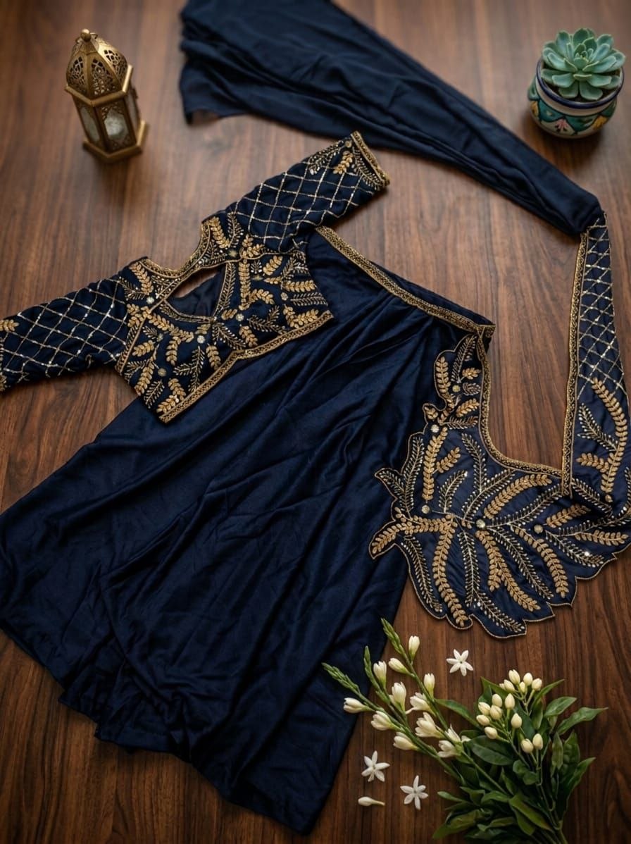 Royal Navy Blue Saree with Intricate Embroidery & Modern Drape Style