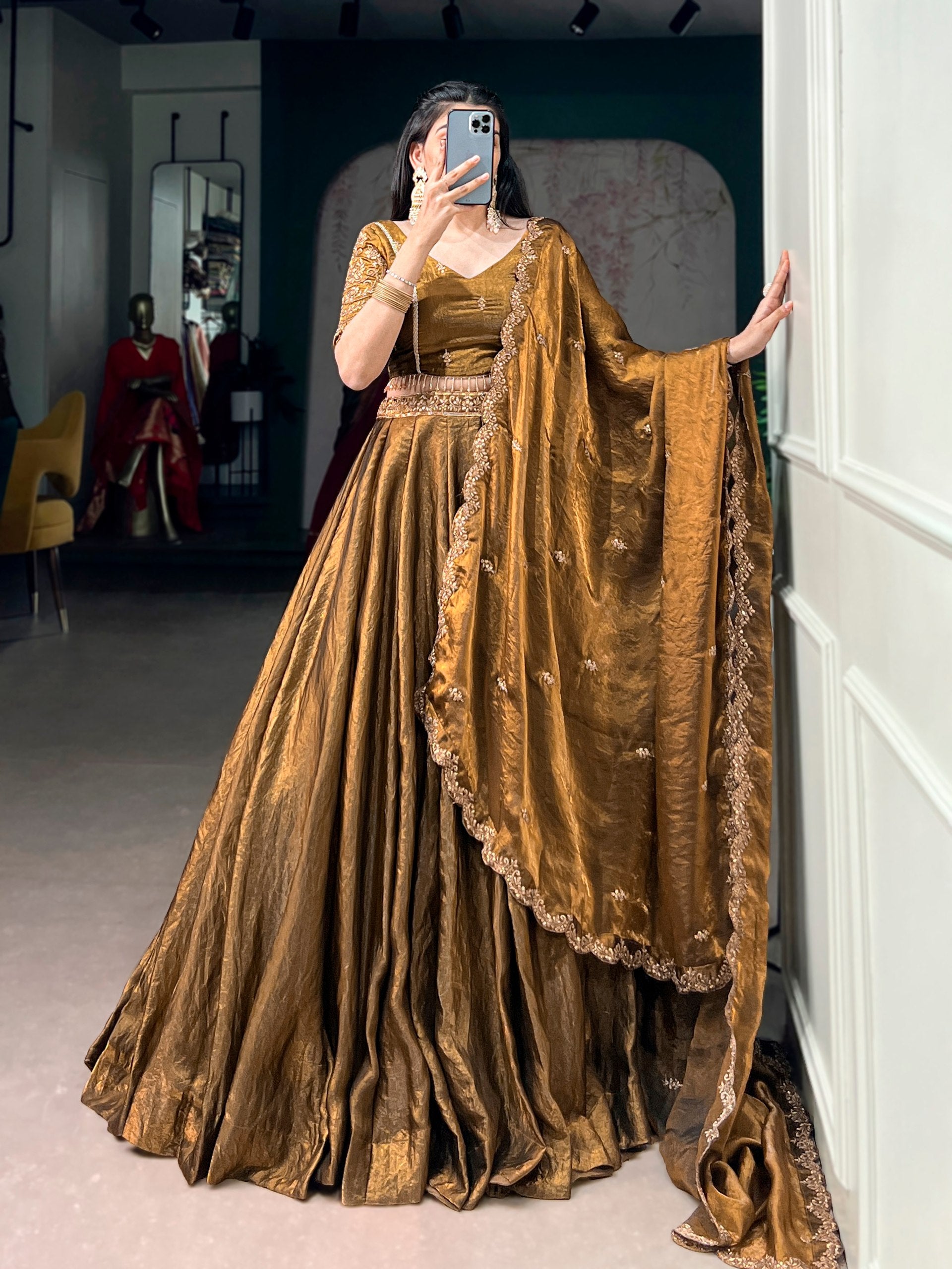 This dreamy pastel lehenga choli with gold lace is your perfect pick for an elegant festive look