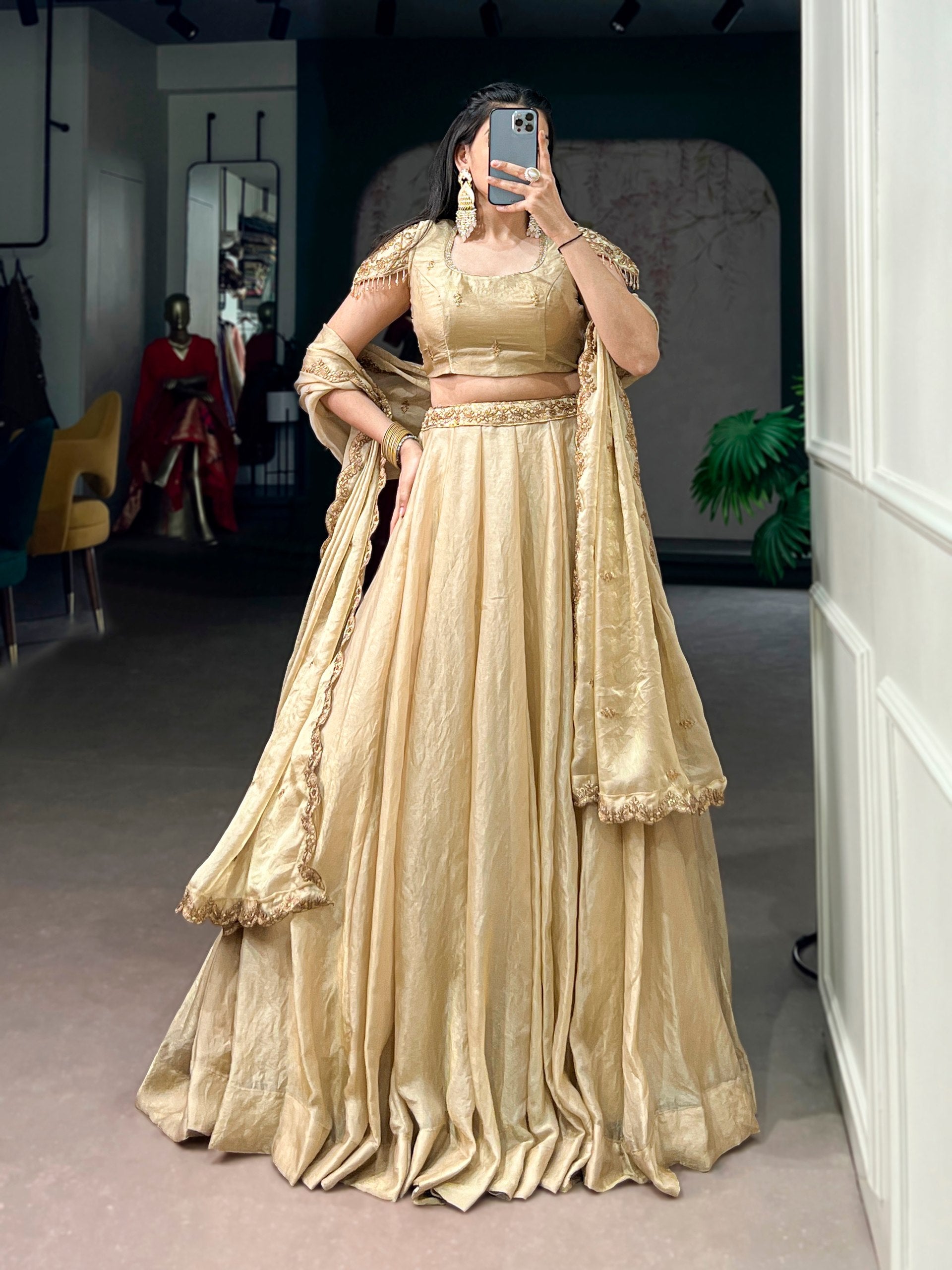 This dreamy pastel lehenga choli with gold lace is your perfect pick for an elegant festive look