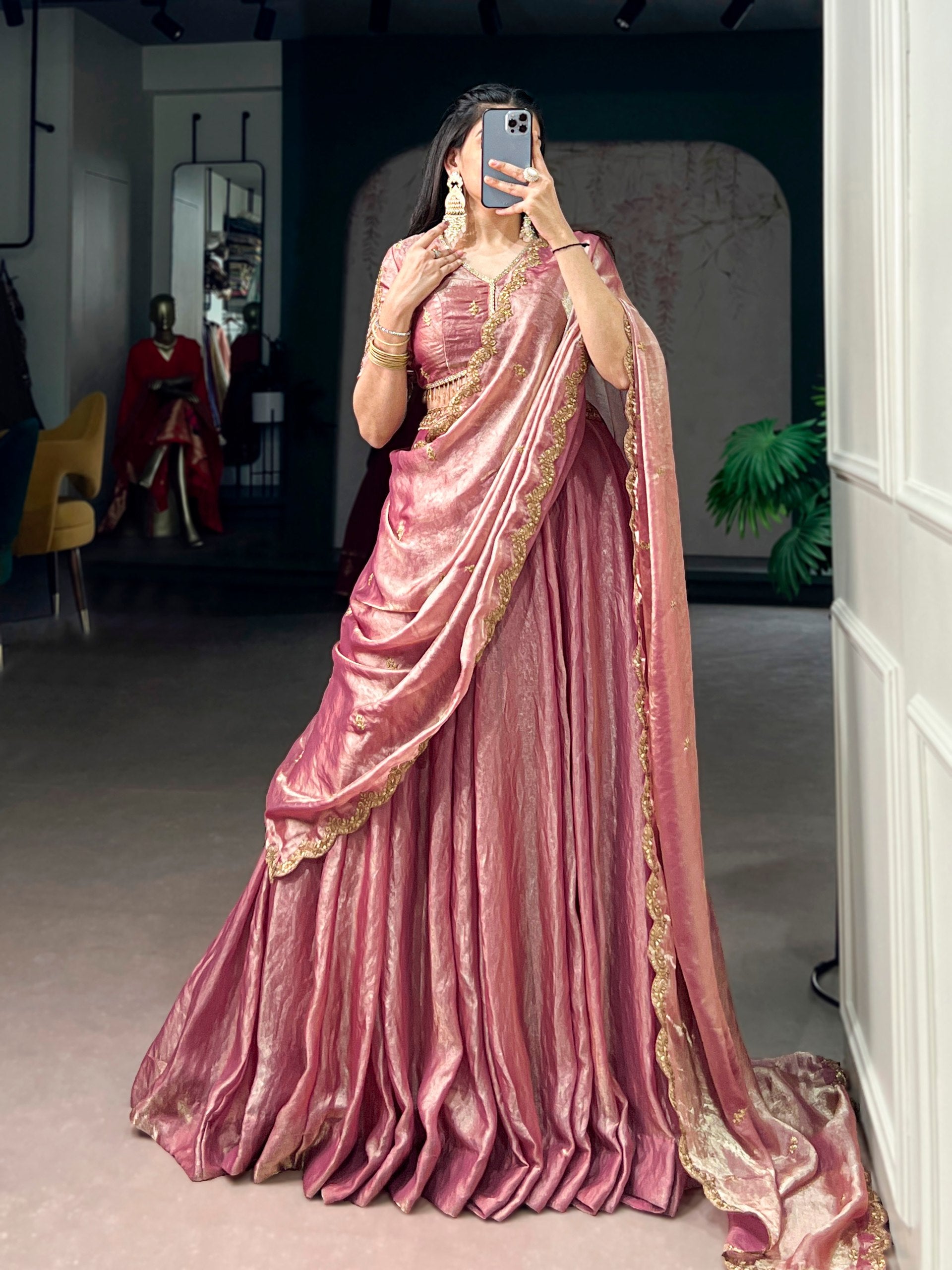 This dreamy pastel lehenga choli with gold lace is your perfect pick for an elegant festive look