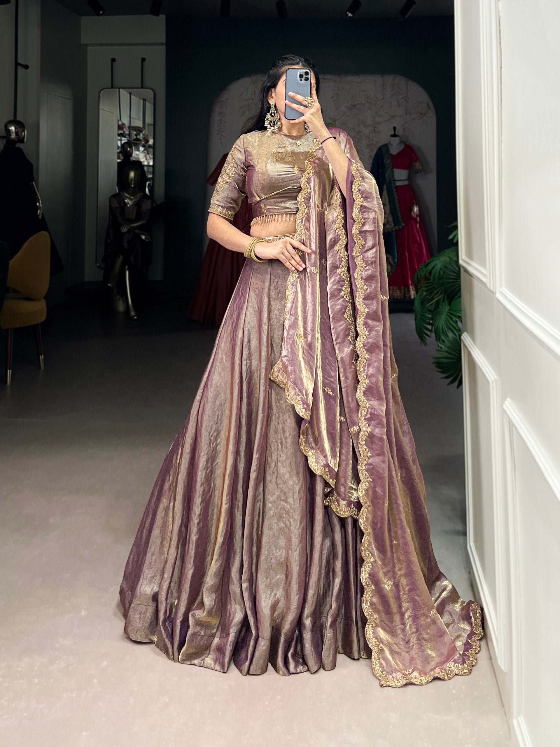 This dreamy pastel lehenga choli with gold lace is your perfect pick for an elegant festive look