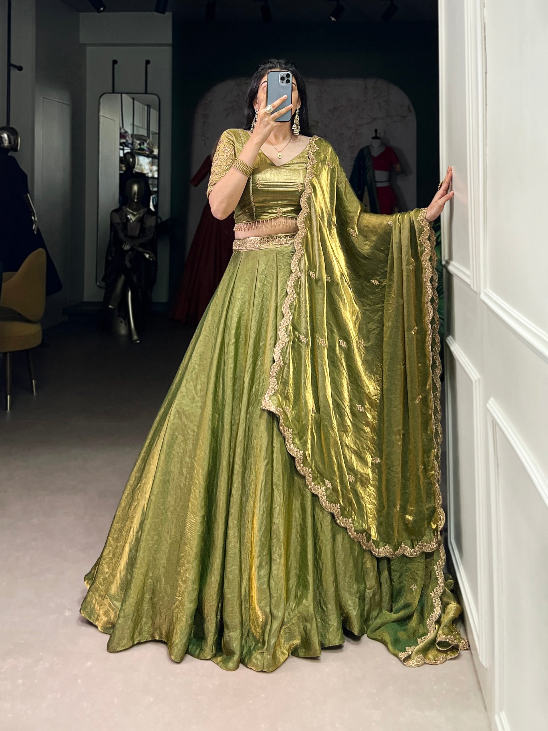 This dreamy pastel lehenga choli with gold lace is your perfect pick for an elegant festive look