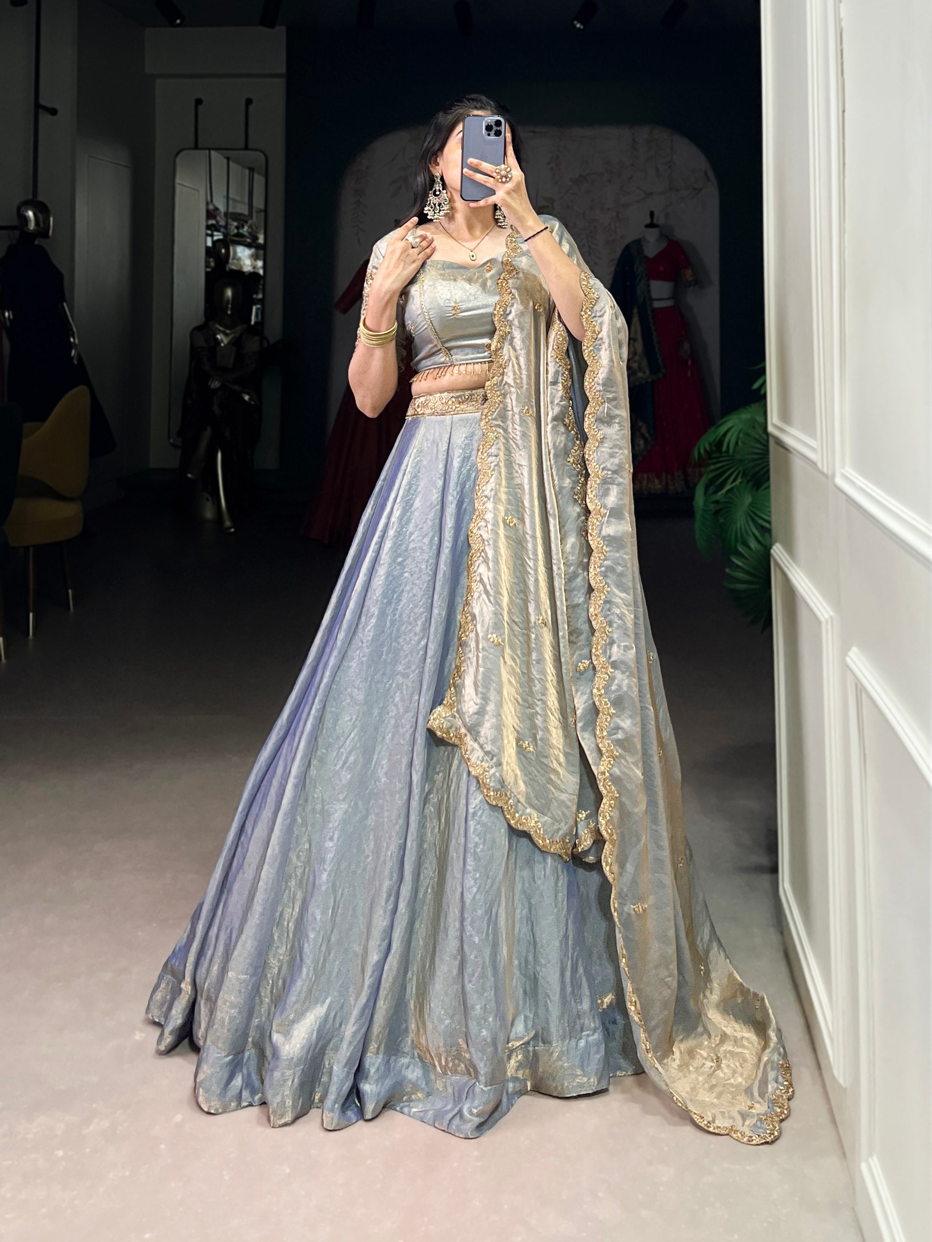 This dreamy pastel lehenga choli with gold lace is your perfect pick for an elegant festive look