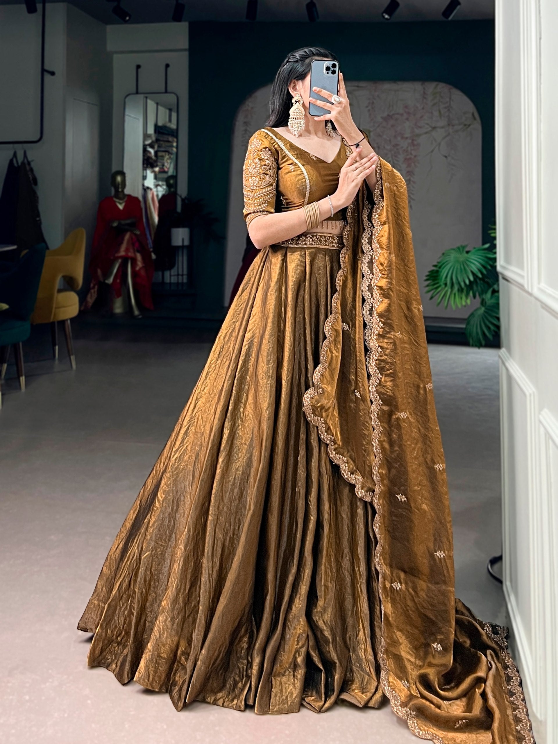 This dreamy pastel lehenga choli with gold lace is your perfect pick for an elegant festive look