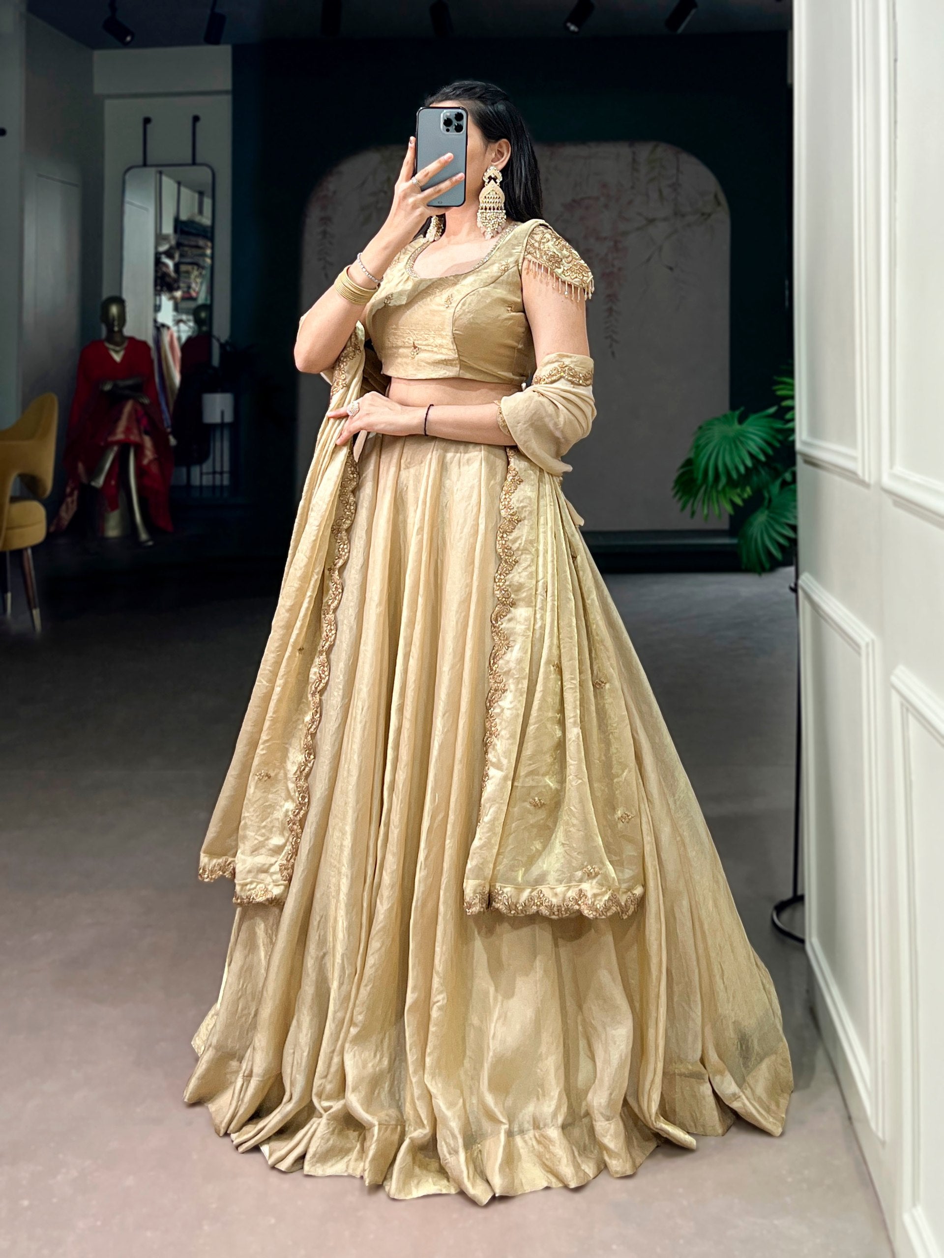 This dreamy pastel lehenga choli with gold lace is your perfect pick for an elegant festive look