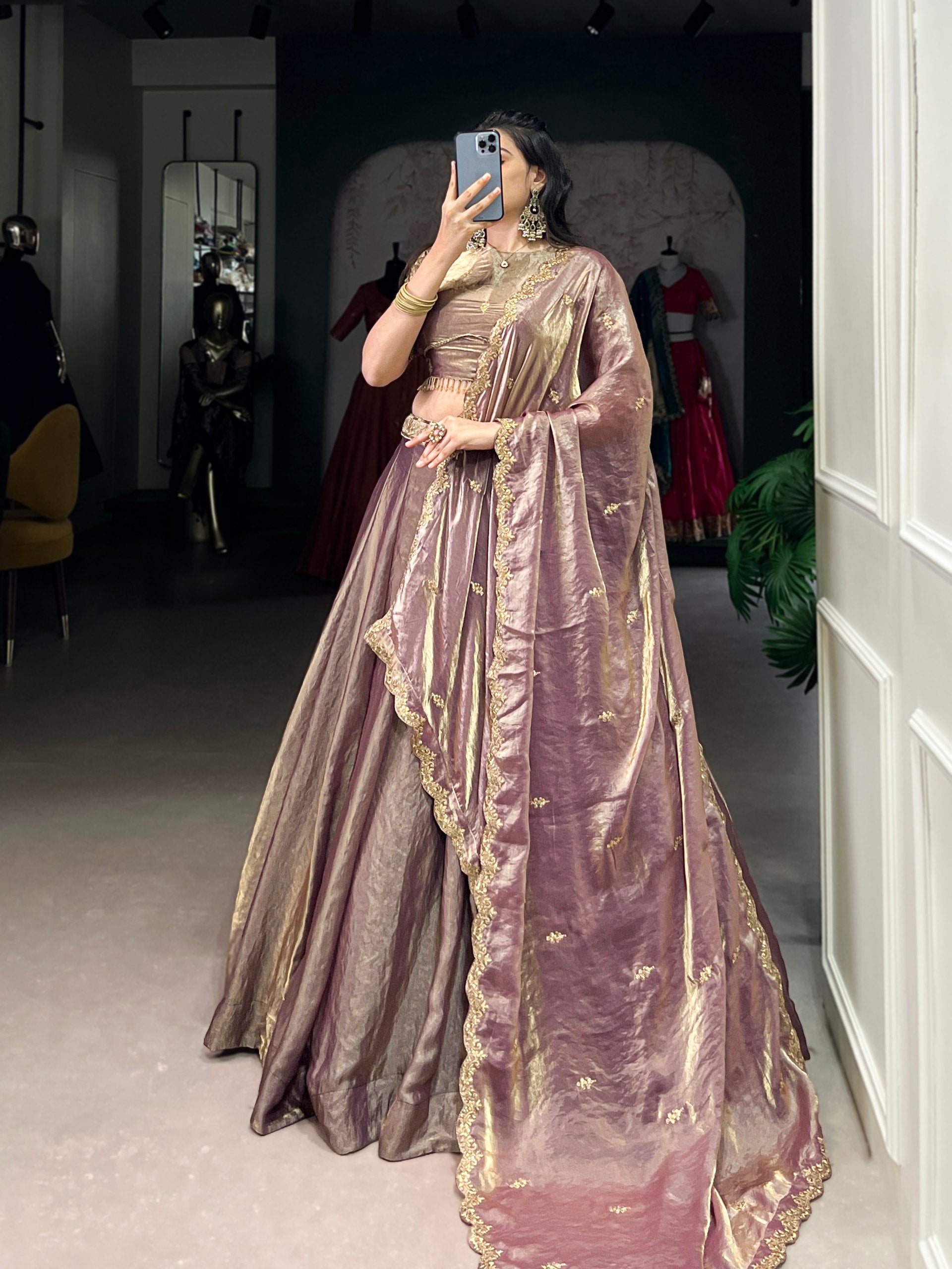 This dreamy pastel lehenga choli with gold lace is your perfect pick for an elegant festive look