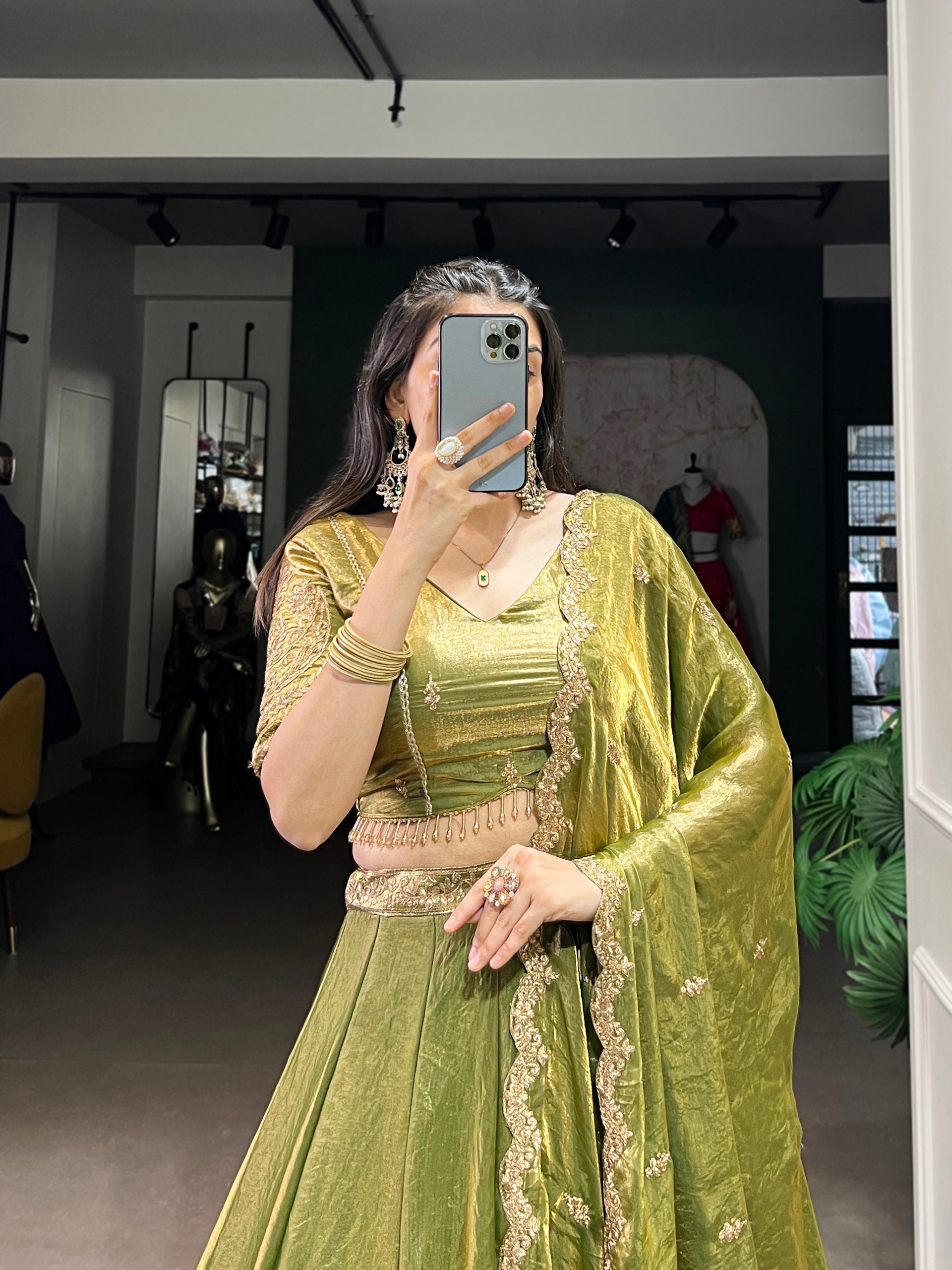 This dreamy pastel lehenga choli with gold lace is your perfect pick for an elegant festive look
