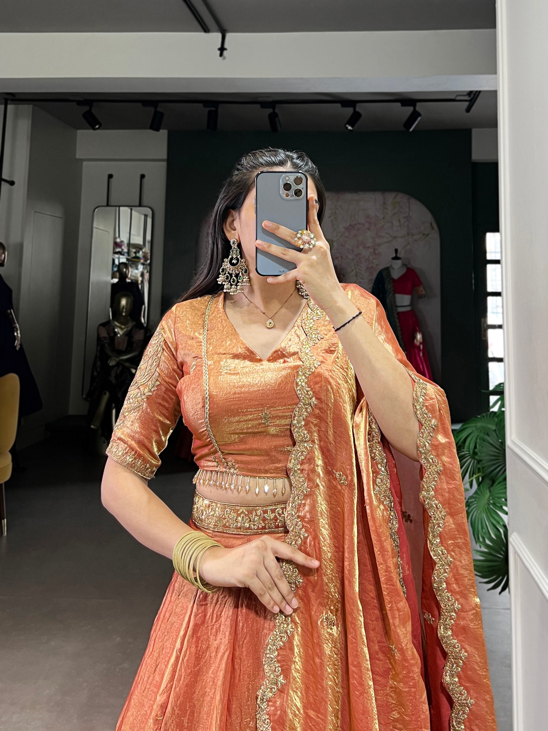 This dreamy pastel lehenga choli with gold lace is your perfect pick for an elegant festive look