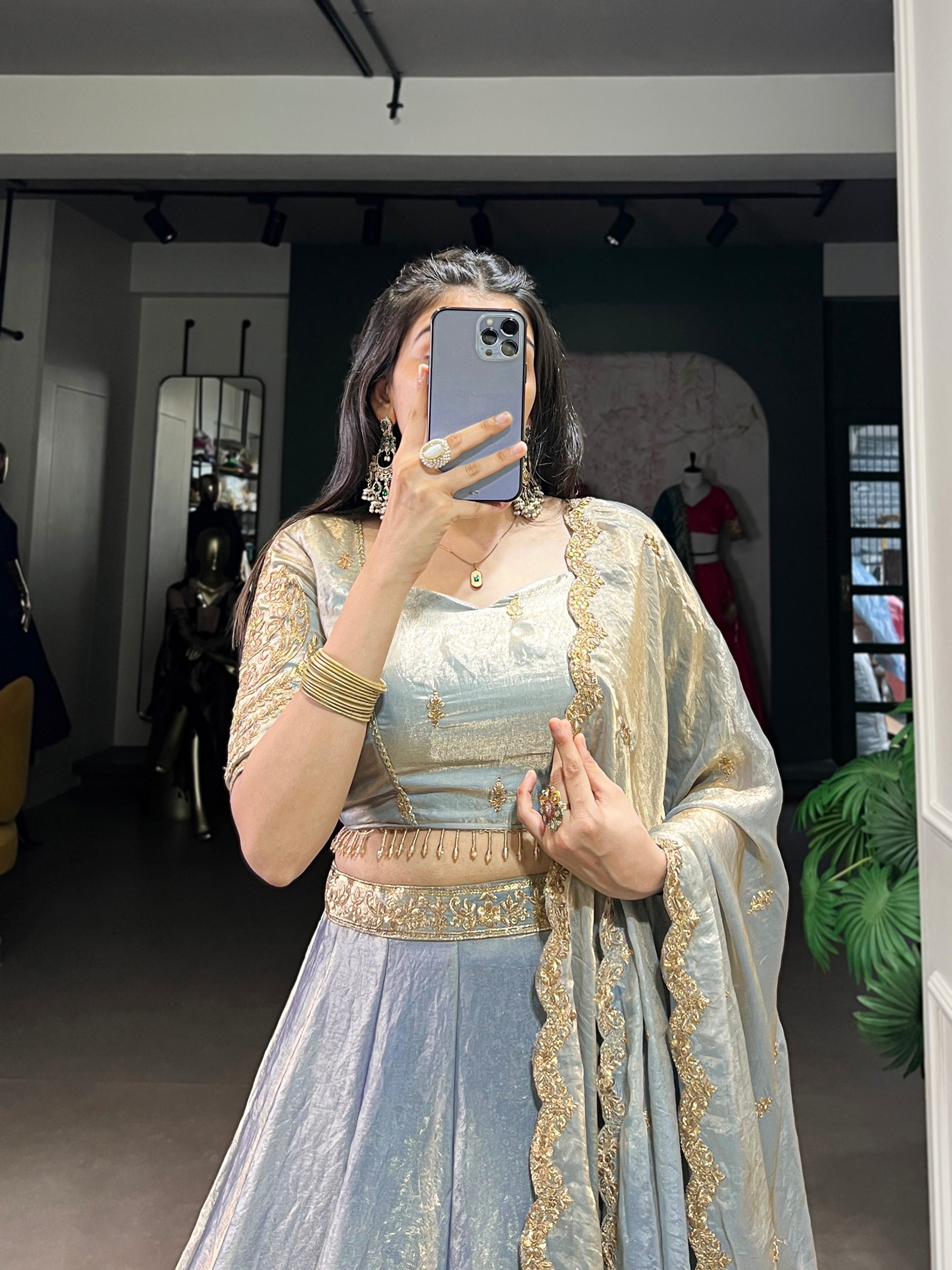 This dreamy pastel lehenga choli with gold lace is your perfect pick for an elegant festive look