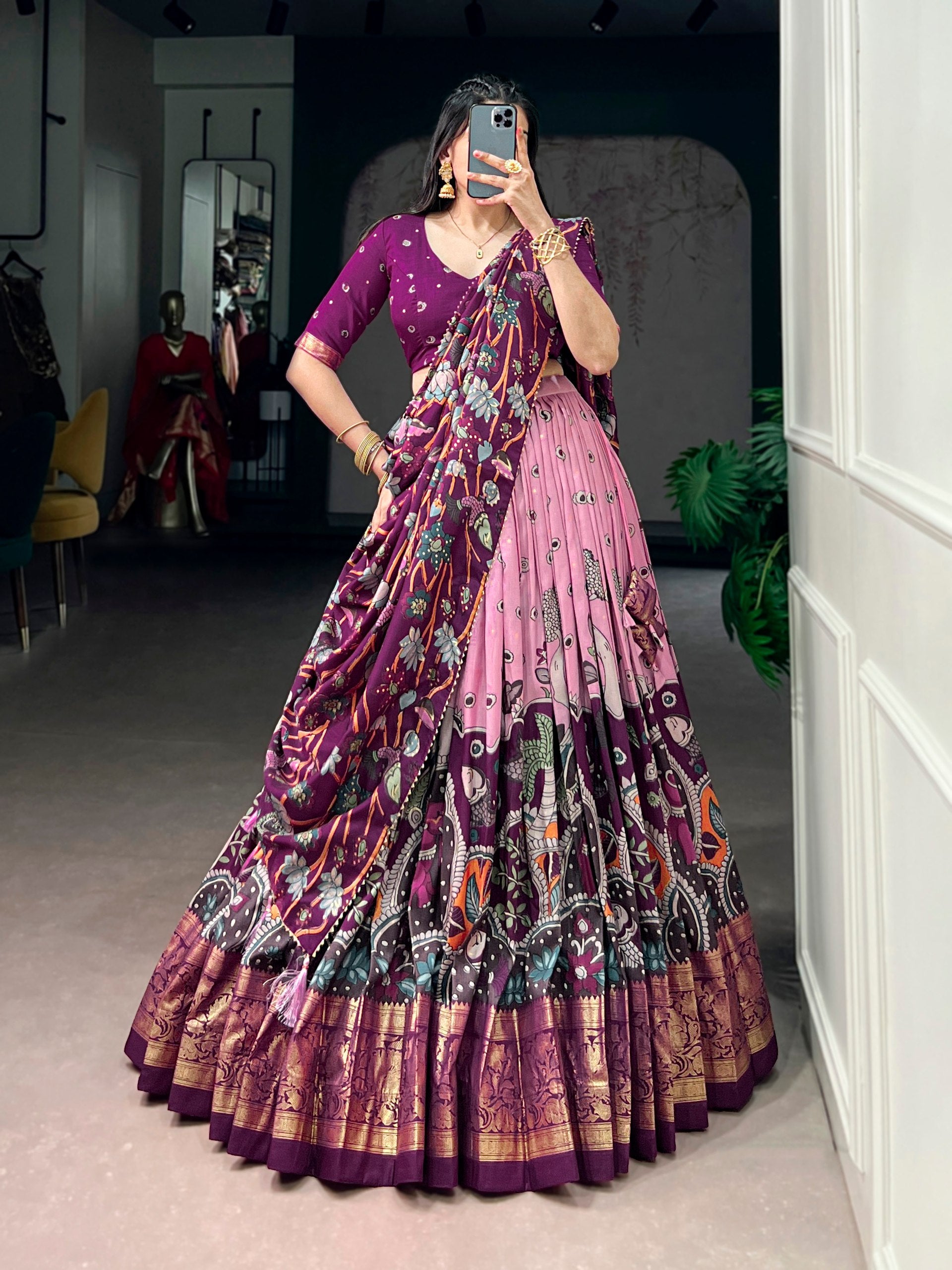 Infuse Your Wardrobe with Southern Grace—Tussar Silk Kalamkari Print Lehenga Choli Featuring a Sophisticated Foil Work Border