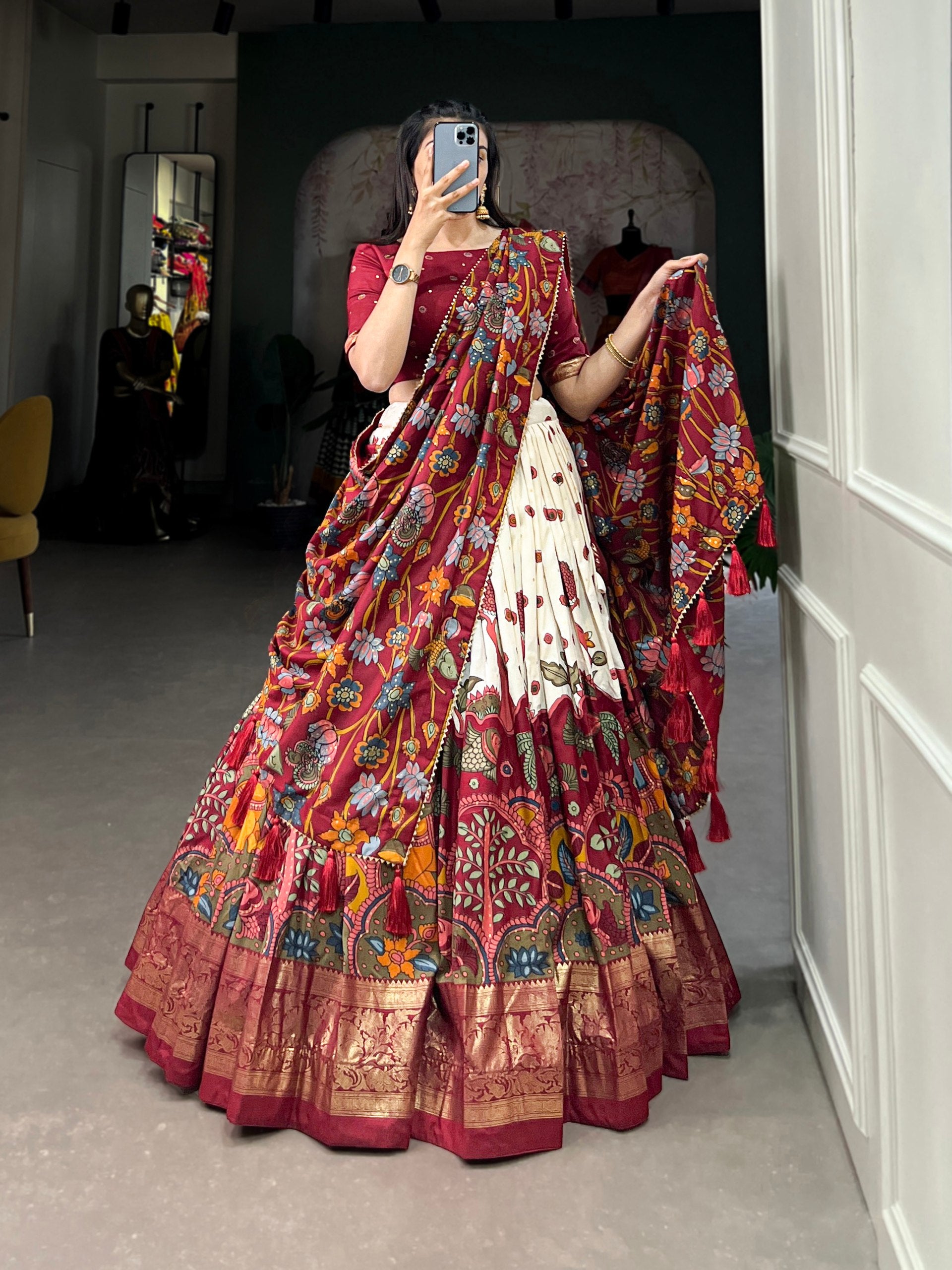 Infuse Your Wardrobe with Southern Grace—Tussar Silk Kalamkari Print Lehenga Choli Featuring a Sophisticated Foil Work Border
