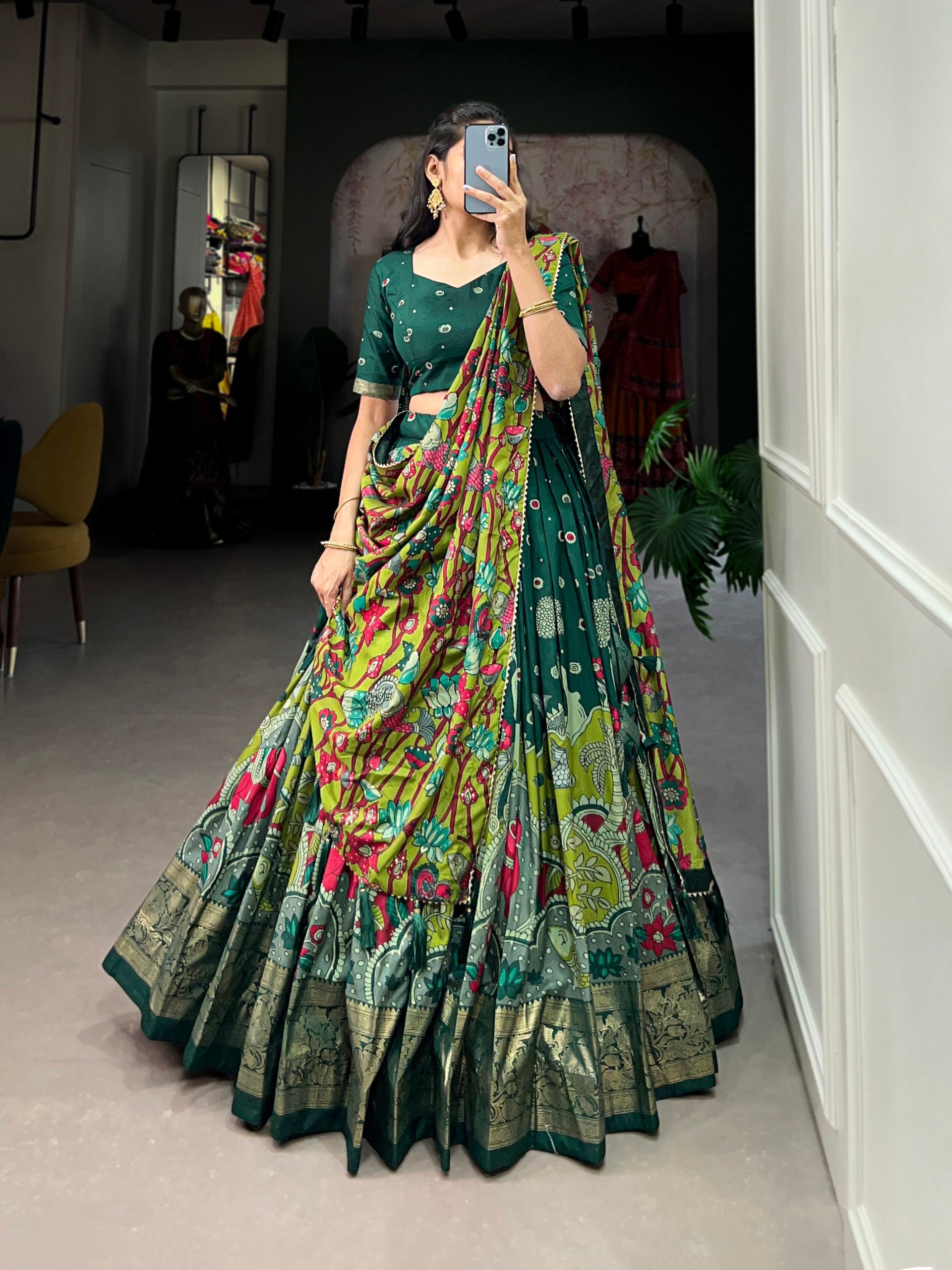 Infuse Your Wardrobe with Southern Grace—Tussar Silk Kalamkari Print Lehenga Choli Featuring a Sophisticated Foil Work Border