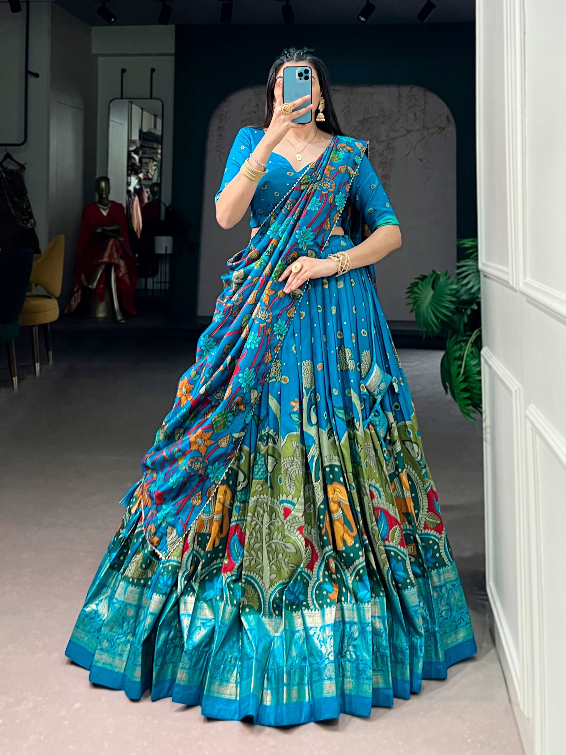 Infuse Your Wardrobe with Southern Grace—Tussar Silk Kalamkari Print Lehenga Choli Featuring a Sophisticated Foil Work Border