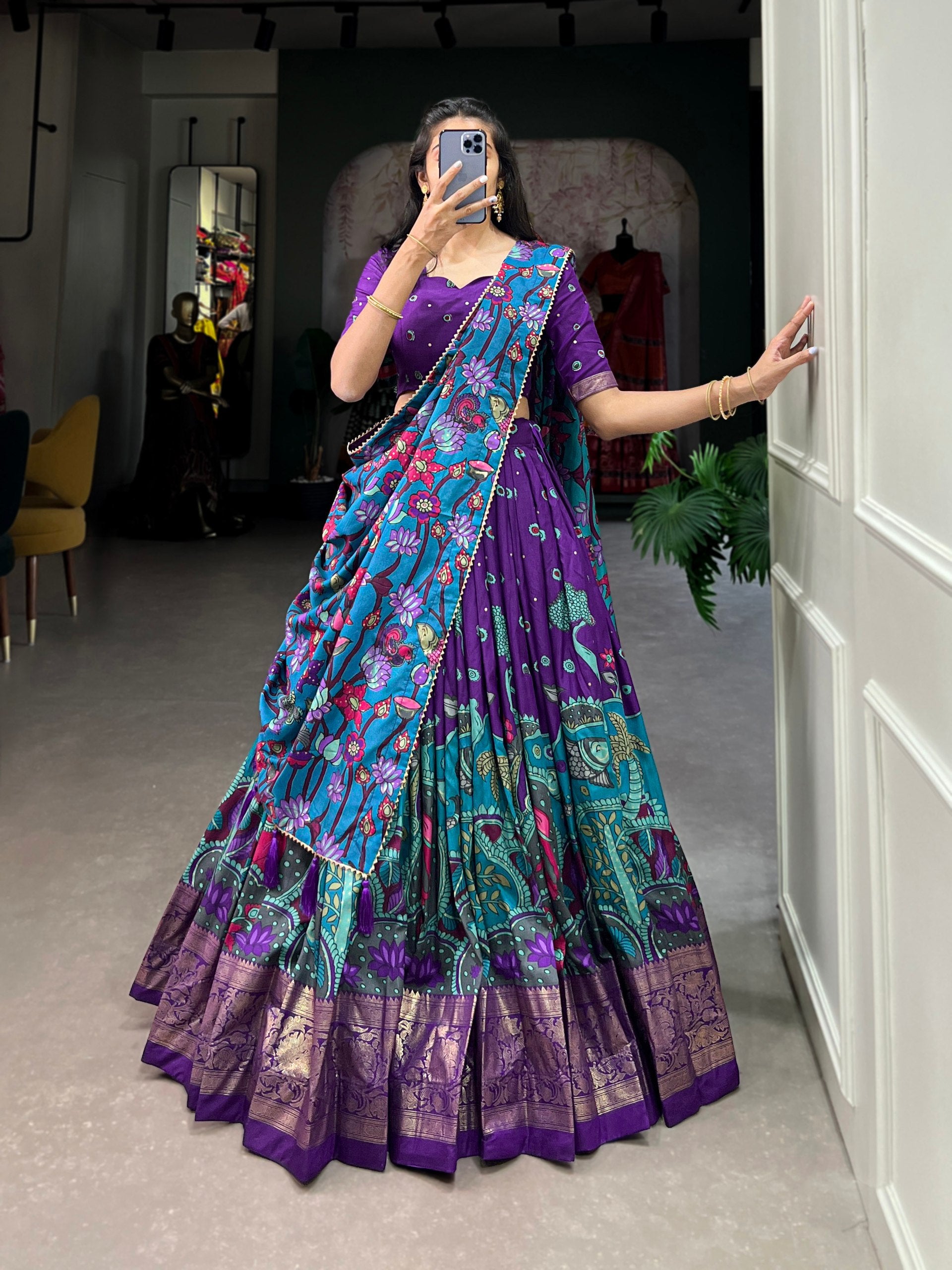 Infuse Your Wardrobe with Southern Grace—Tussar Silk Kalamkari Print Lehenga Choli Featuring a Sophisticated Foil Work Border