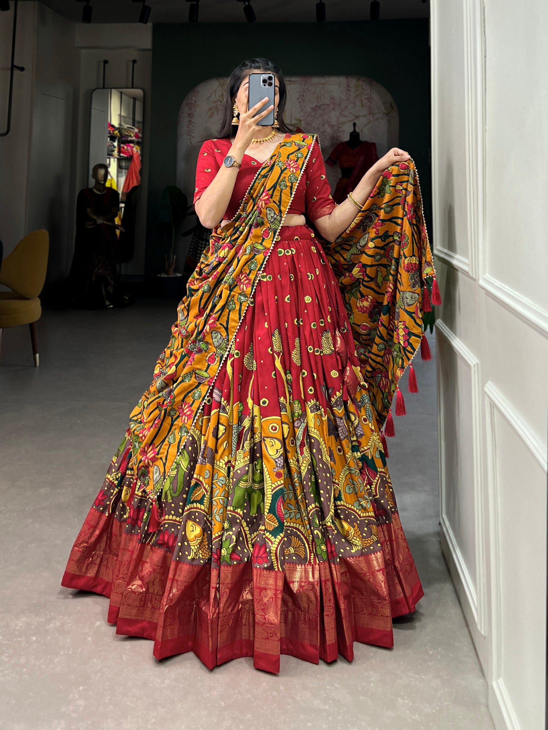 Infuse Your Wardrobe with Southern Grace—Tussar Silk Kalamkari Print Lehenga Choli Featuring a Sophisticated Foil Work Border