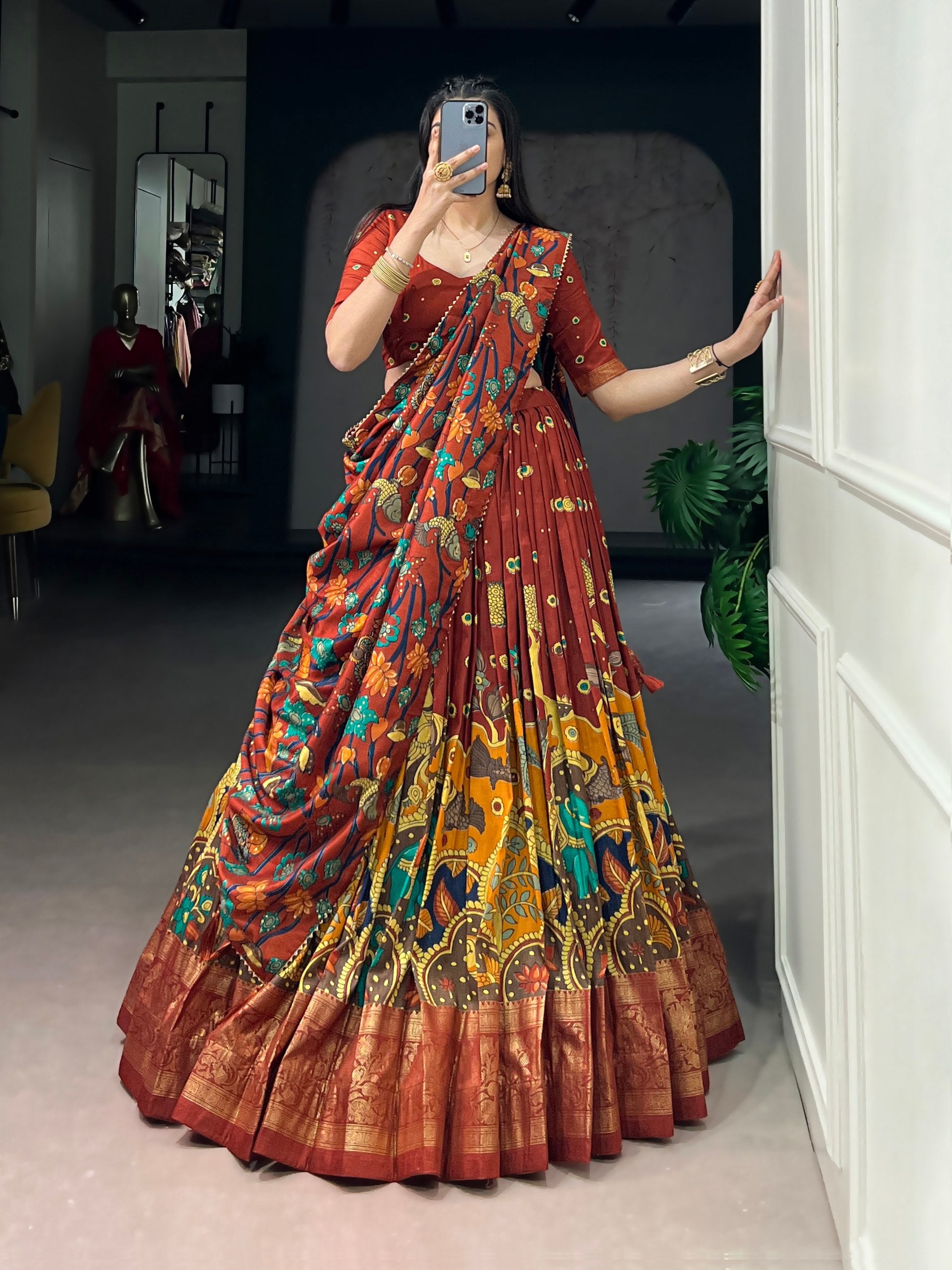 Infuse Your Wardrobe with Southern Grace—Tussar Silk Kalamkari Print Lehenga Choli Featuring a Sophisticated Foil Work Border