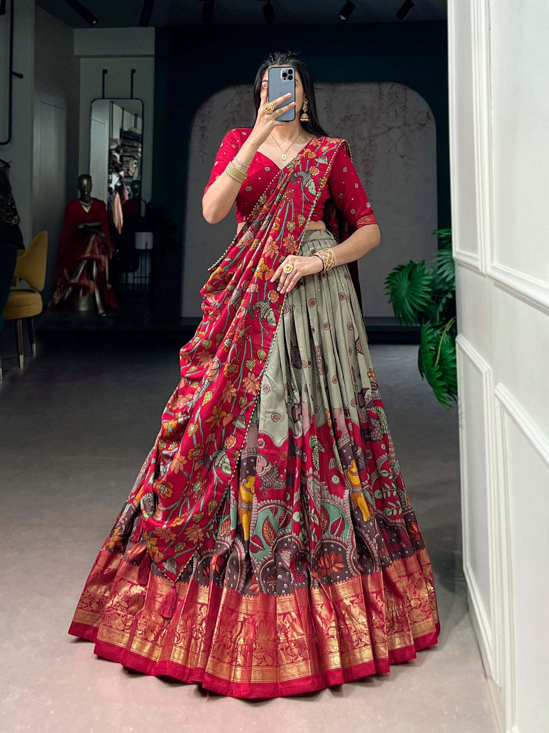 Infuse Your Wardrobe with Southern Grace—Tussar Silk Kalamkari Print Lehenga Choli Featuring a Sophisticated Foil Work Border