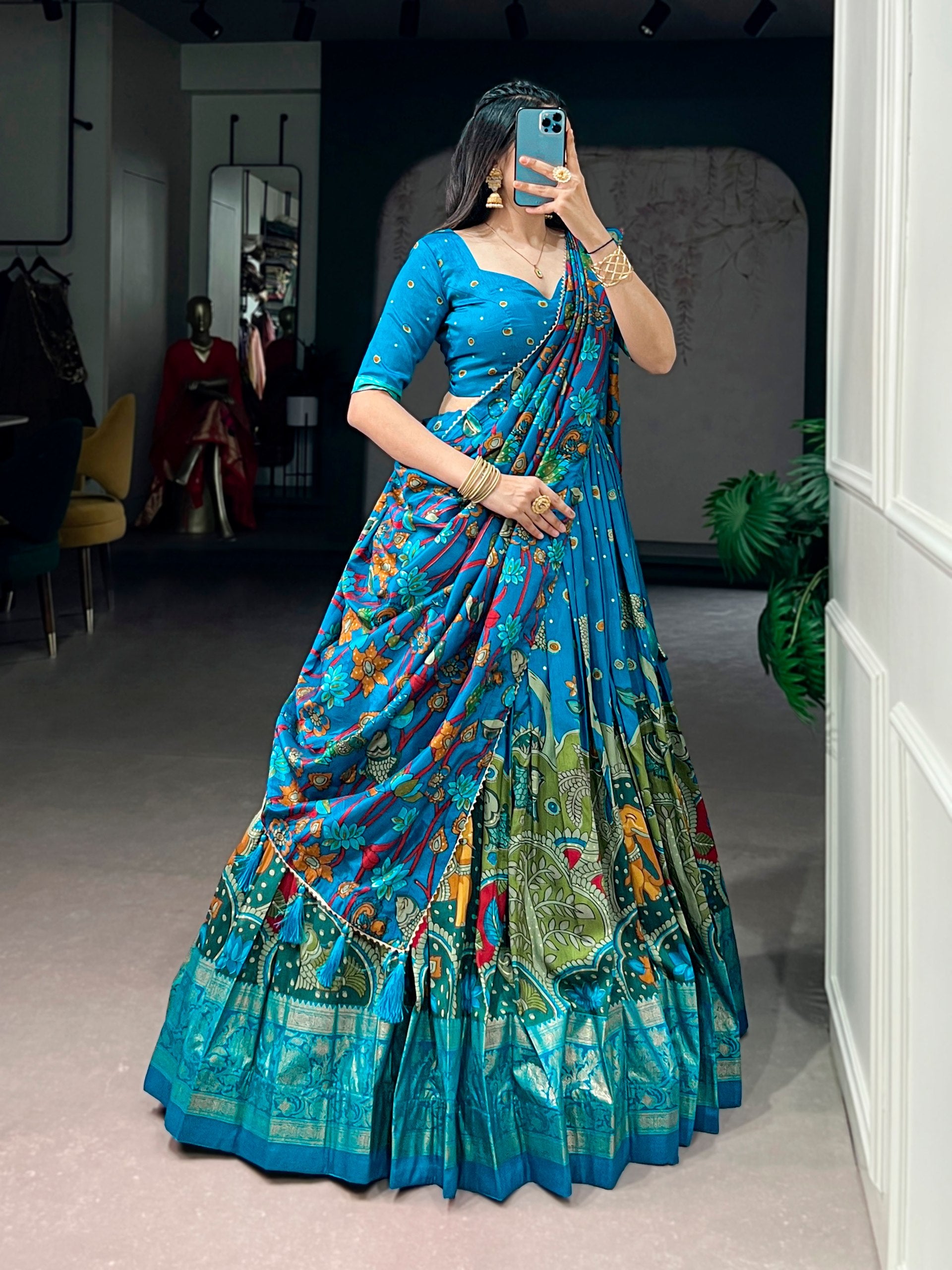 Infuse Your Wardrobe with Southern Grace—Tussar Silk Kalamkari Print Lehenga Choli Featuring a Sophisticated Foil Work Border