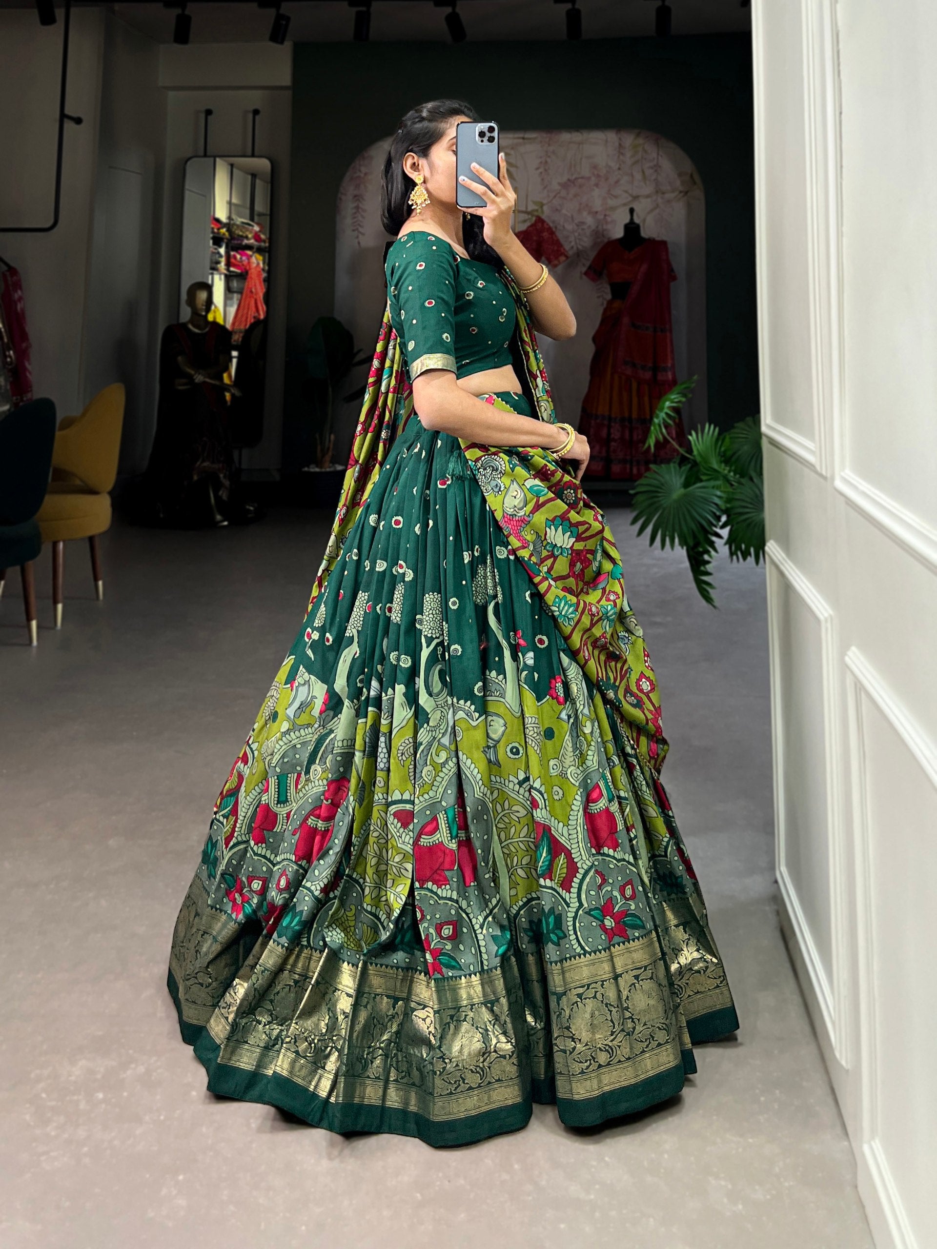 Infuse Your Wardrobe with Southern Grace—Tussar Silk Kalamkari Print Lehenga Choli Featuring a Sophisticated Foil Work Border