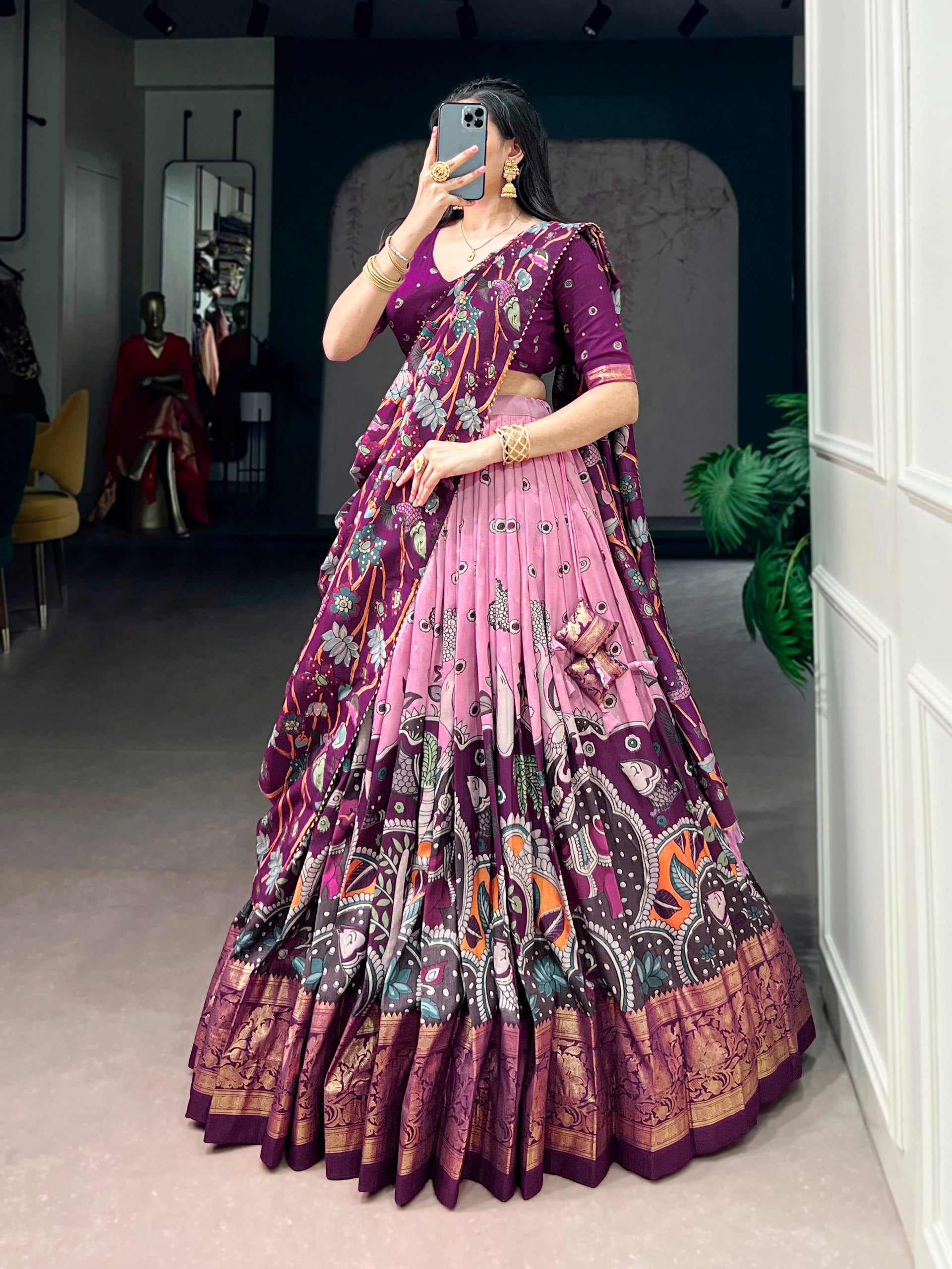 Infuse Your Wardrobe with Southern Grace—Tussar Silk Kalamkari Print Lehenga Choli Featuring a Sophisticated Foil Work Border