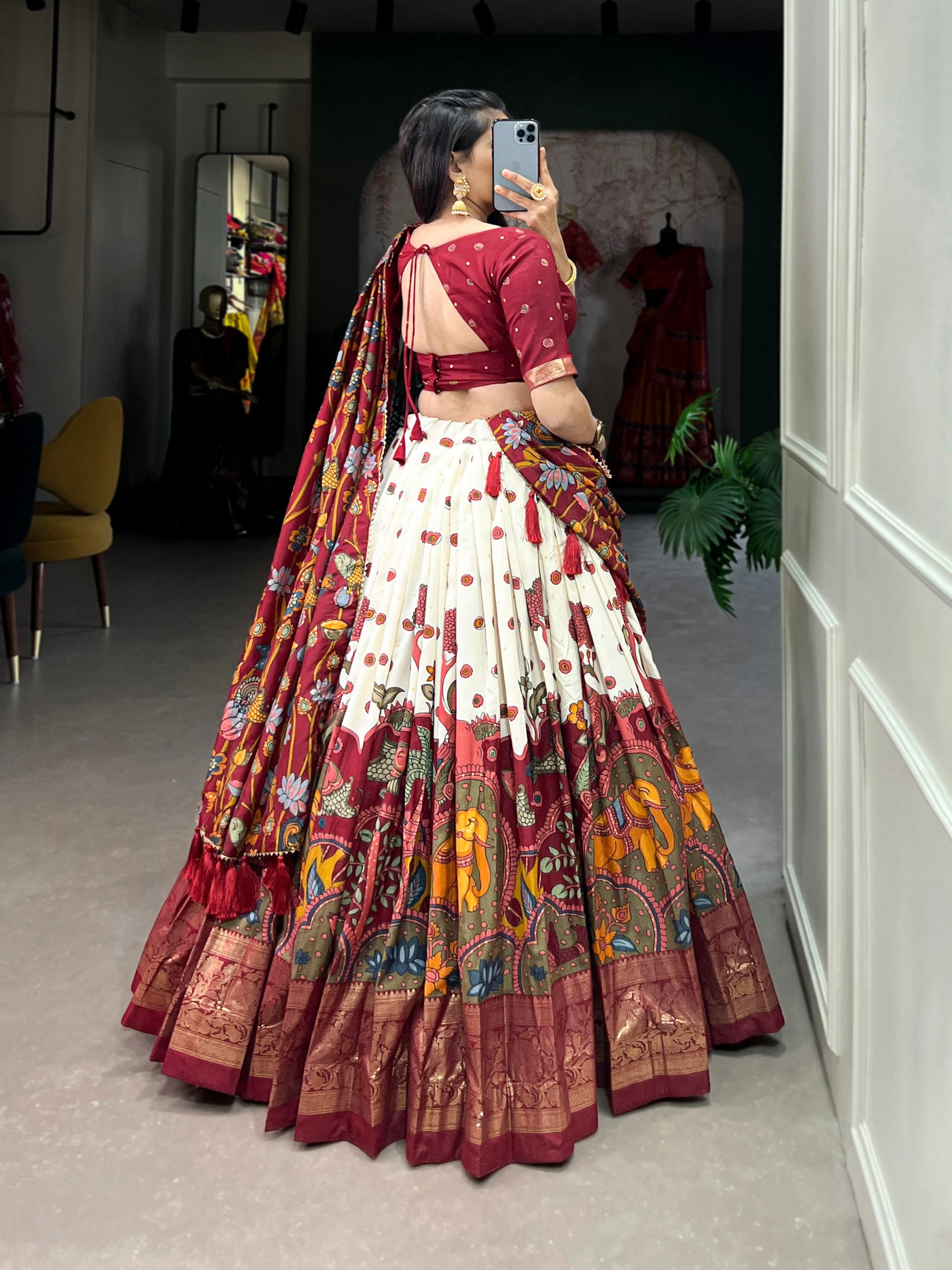 Infuse Your Wardrobe with Southern Grace—Tussar Silk Kalamkari Print Lehenga Choli Featuring a Sophisticated Foil Work Border