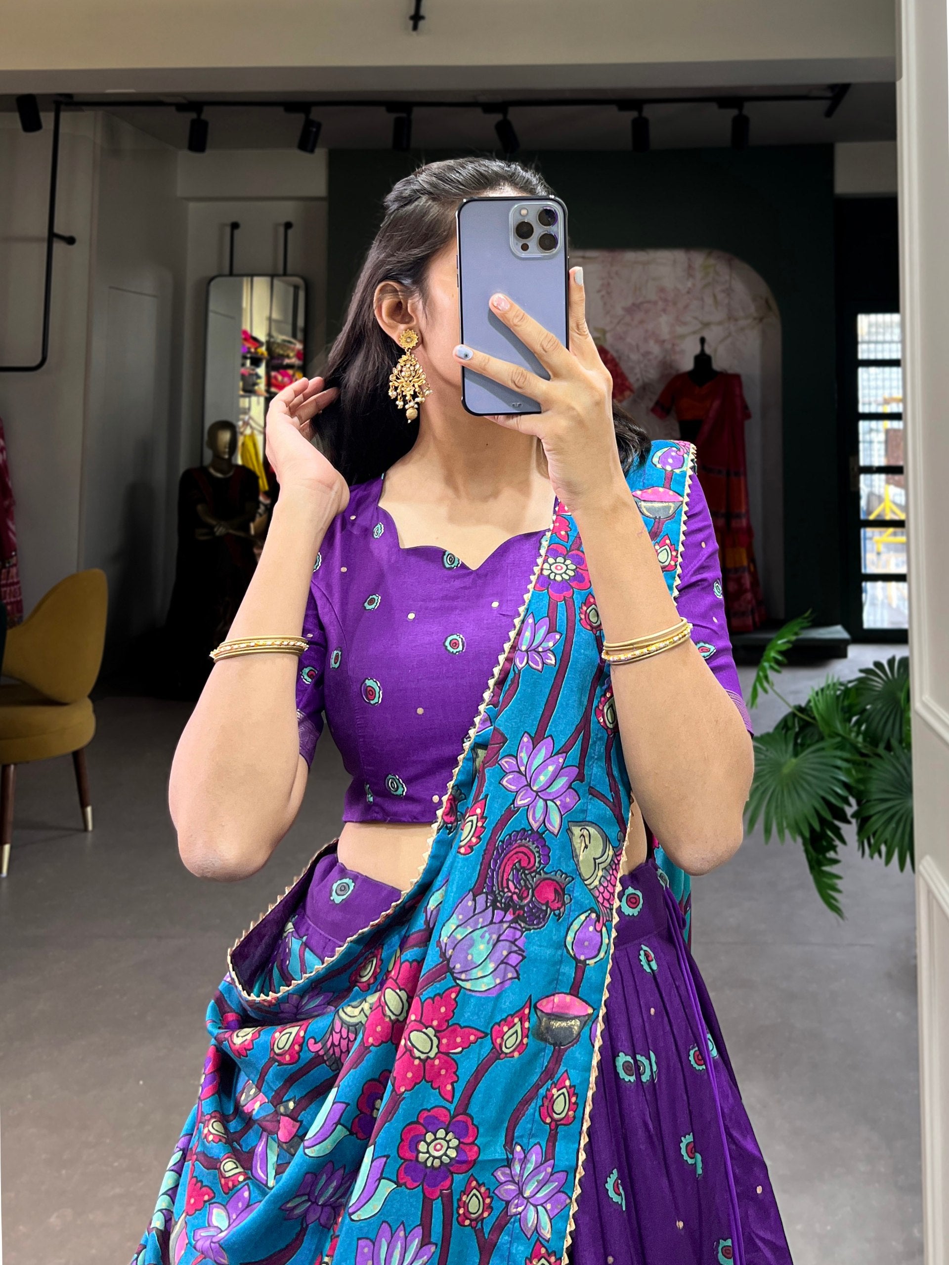 Infuse Your Wardrobe with Southern Grace—Tussar Silk Kalamkari Print Lehenga Choli Featuring a Sophisticated Foil Work Border