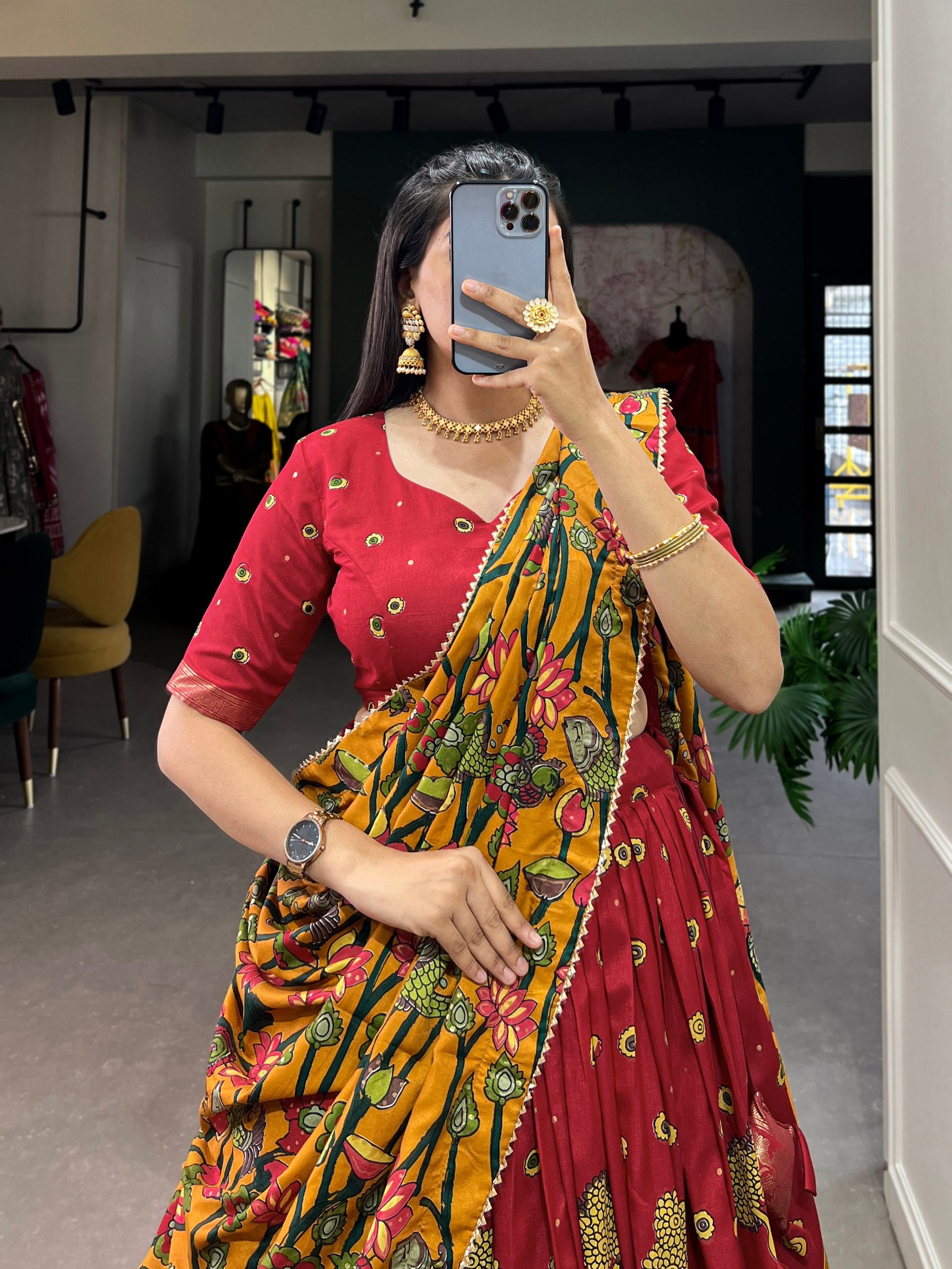 Infuse Your Wardrobe with Southern Grace—Tussar Silk Kalamkari Print Lehenga Choli Featuring a Sophisticated Foil Work Border