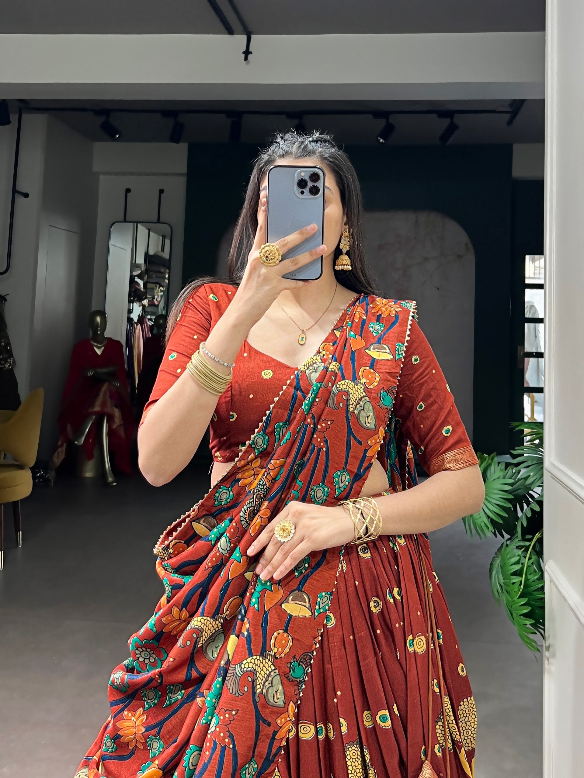 Infuse Your Wardrobe with Southern Grace—Tussar Silk Kalamkari Print Lehenga Choli Featuring a Sophisticated Foil Work Border