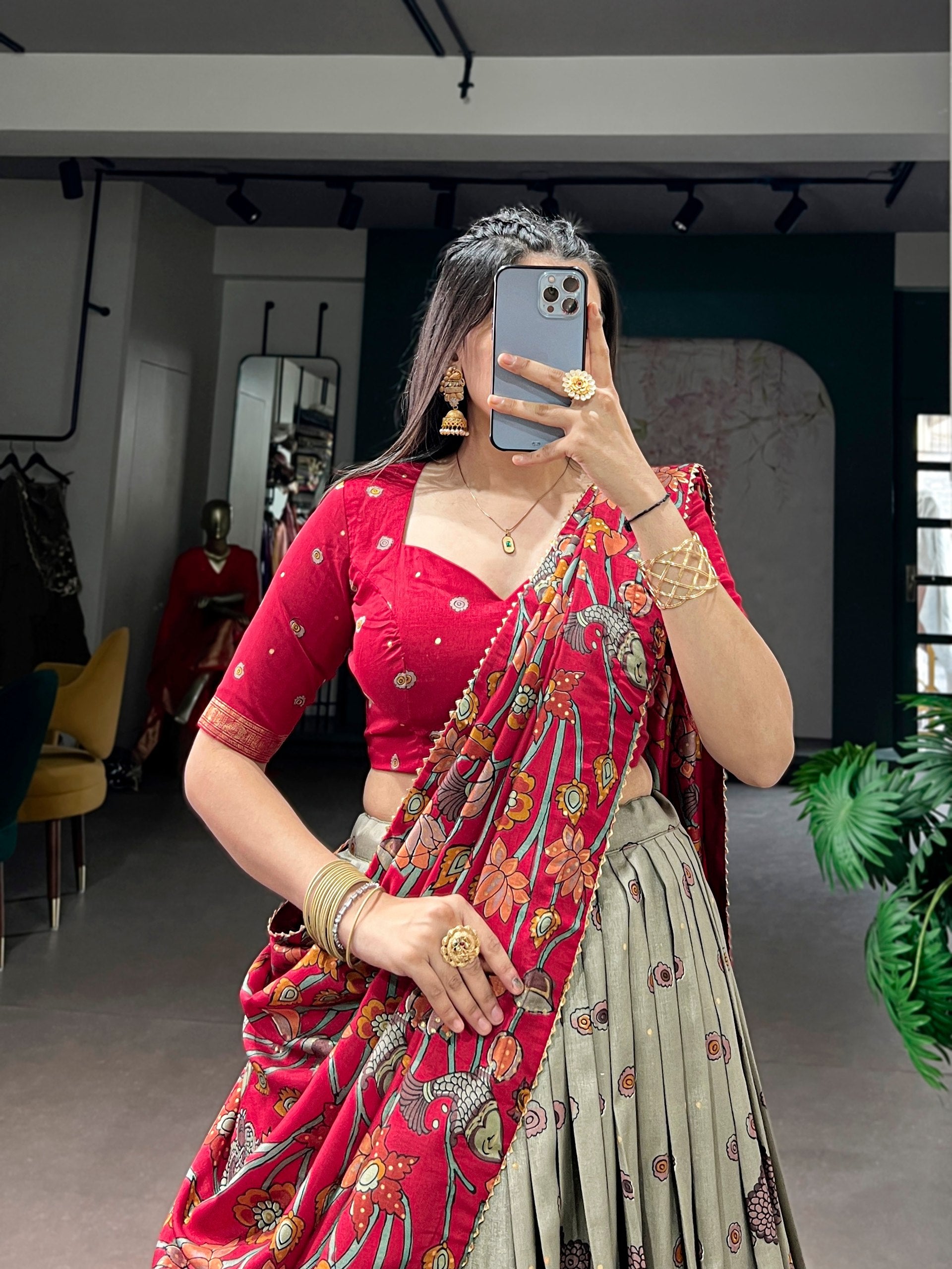 Infuse Your Wardrobe with Southern Grace—Tussar Silk Kalamkari Print Lehenga Choli Featuring a Sophisticated Foil Work Border