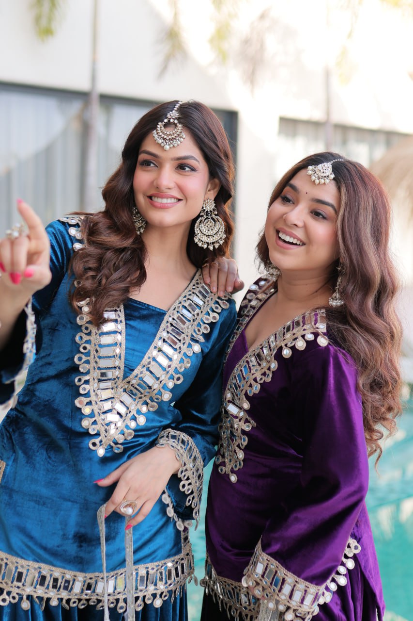Royal Ice Velvet Zari And Mirror Embroidered Luxury Co Ord Set With Batwa