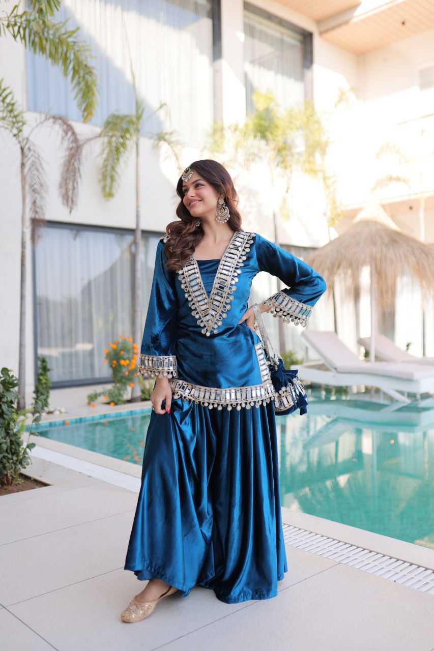 Royal Ice Velvet Zari And Mirror Embroidered Luxury Co Ord Set With Batwa