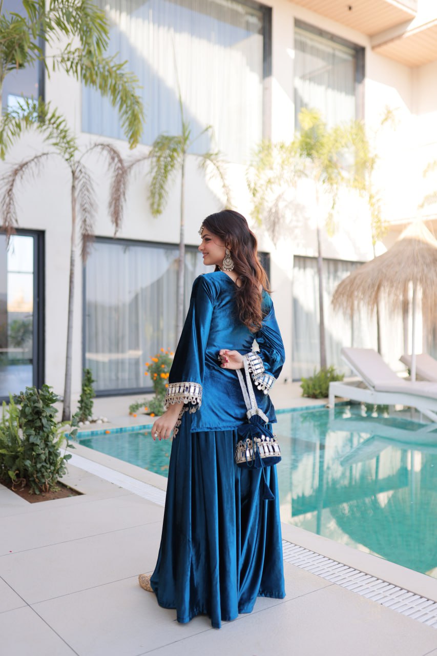 Royal Ice Velvet Zari And Mirror Embroidered Luxury Co Ord Set With Batwa