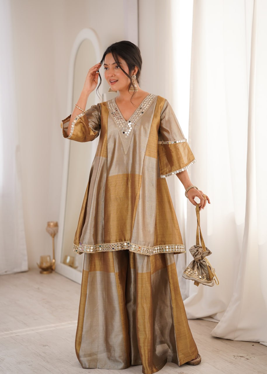 Golden Designer Kurta Palazzo Set for Women | Festive & Party Wear Ethnic Outfit with Mirror Work