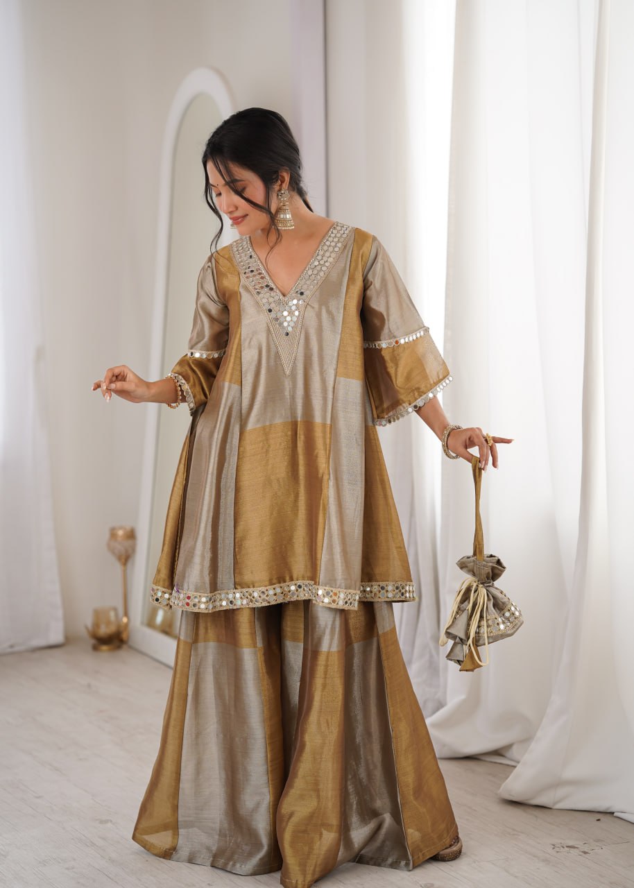 Golden Designer Kurta Palazzo Set for Women | Festive & Party Wear Ethnic Outfit with Mirror Work