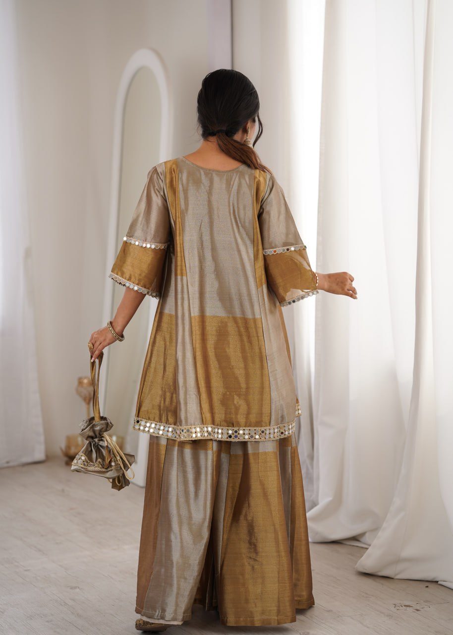 Golden Designer Kurta Palazzo Set for Women | Festive & Party Wear Ethnic Outfit with Mirror Work