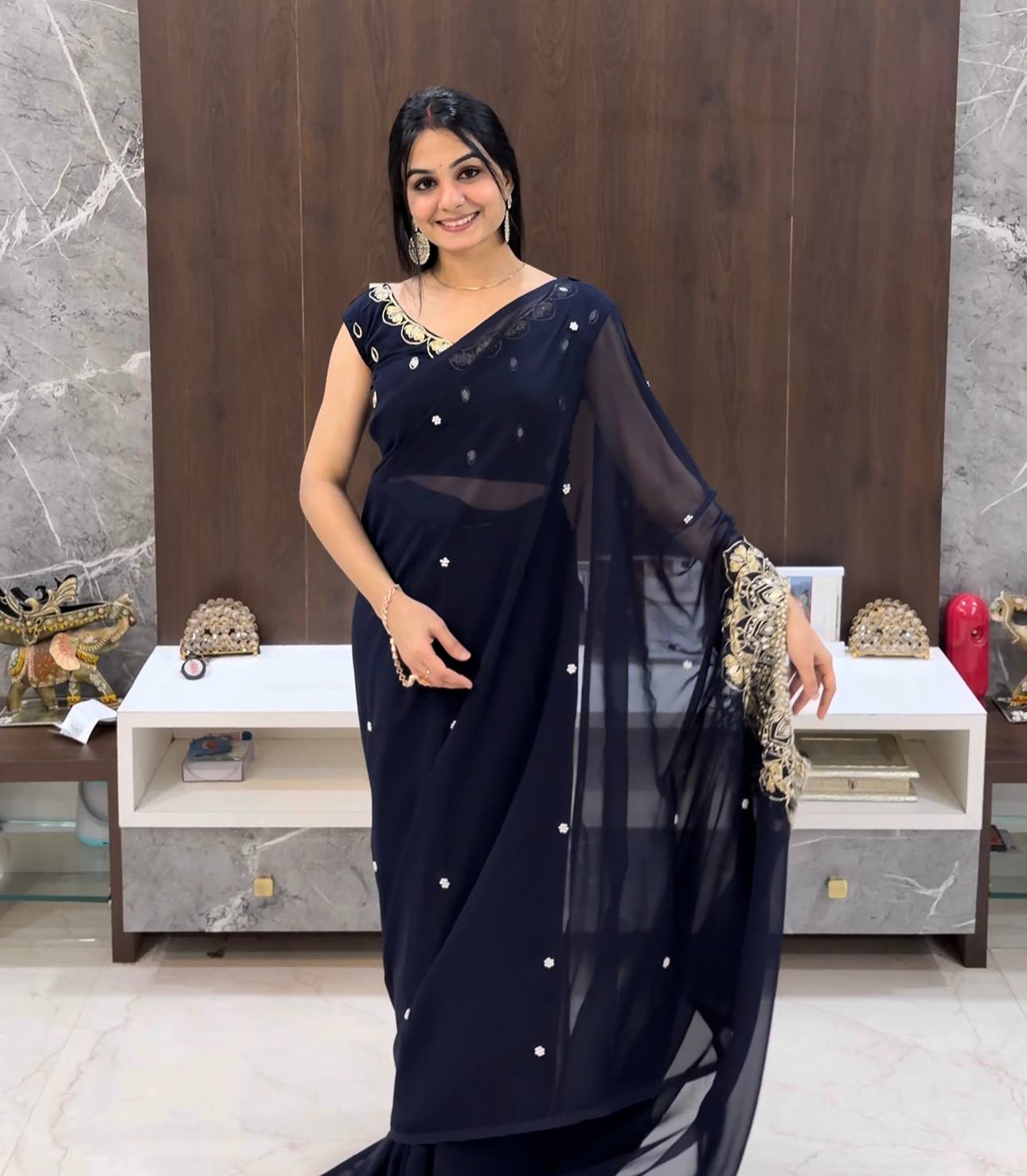Elegant Kaftan Style Ready-to-Wear Saree with Heavy Embroidered Neck – Premium Party Wear