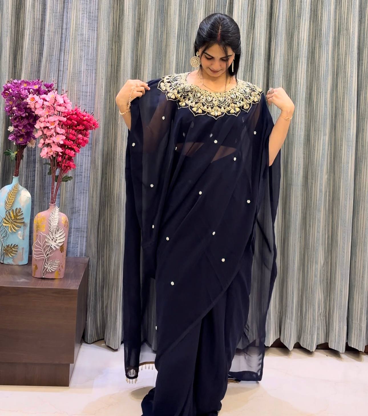 Elegant Kaftan Style Ready-to-Wear Saree with Heavy Embroidered Neck – Premium Party Wear