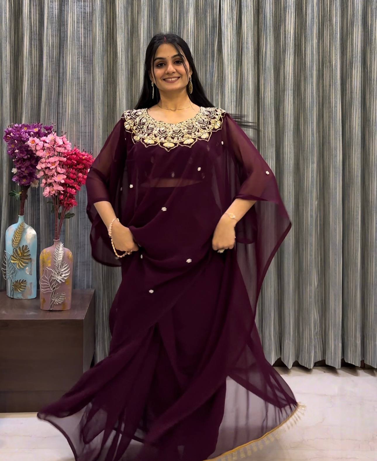 Elegant Kaftan Style Ready-to-Wear Saree with Heavy Embroidered Neck – Premium Party Wear