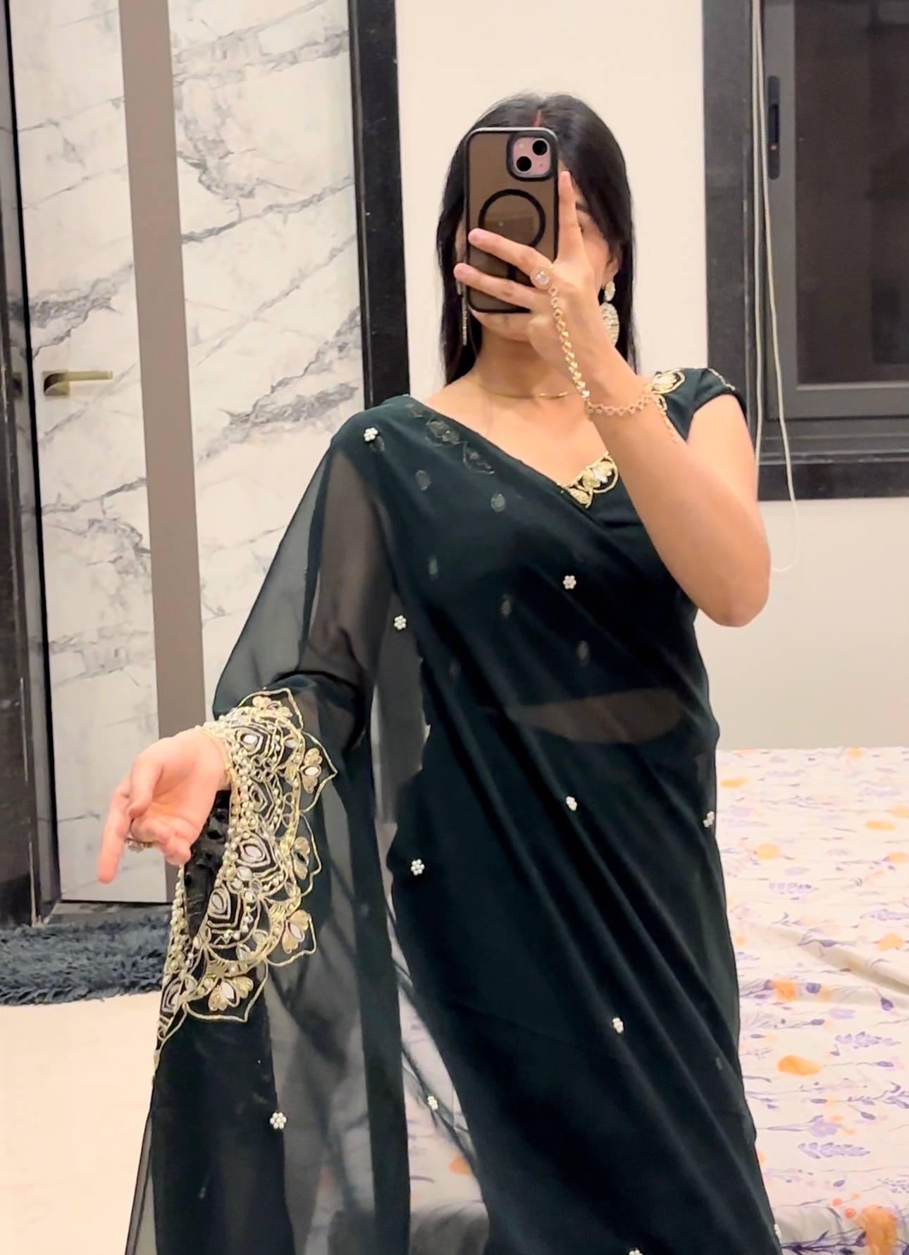 Elegant Kaftan Style Ready-to-Wear Saree with Heavy Embroidered Neck – Premium Party Wear