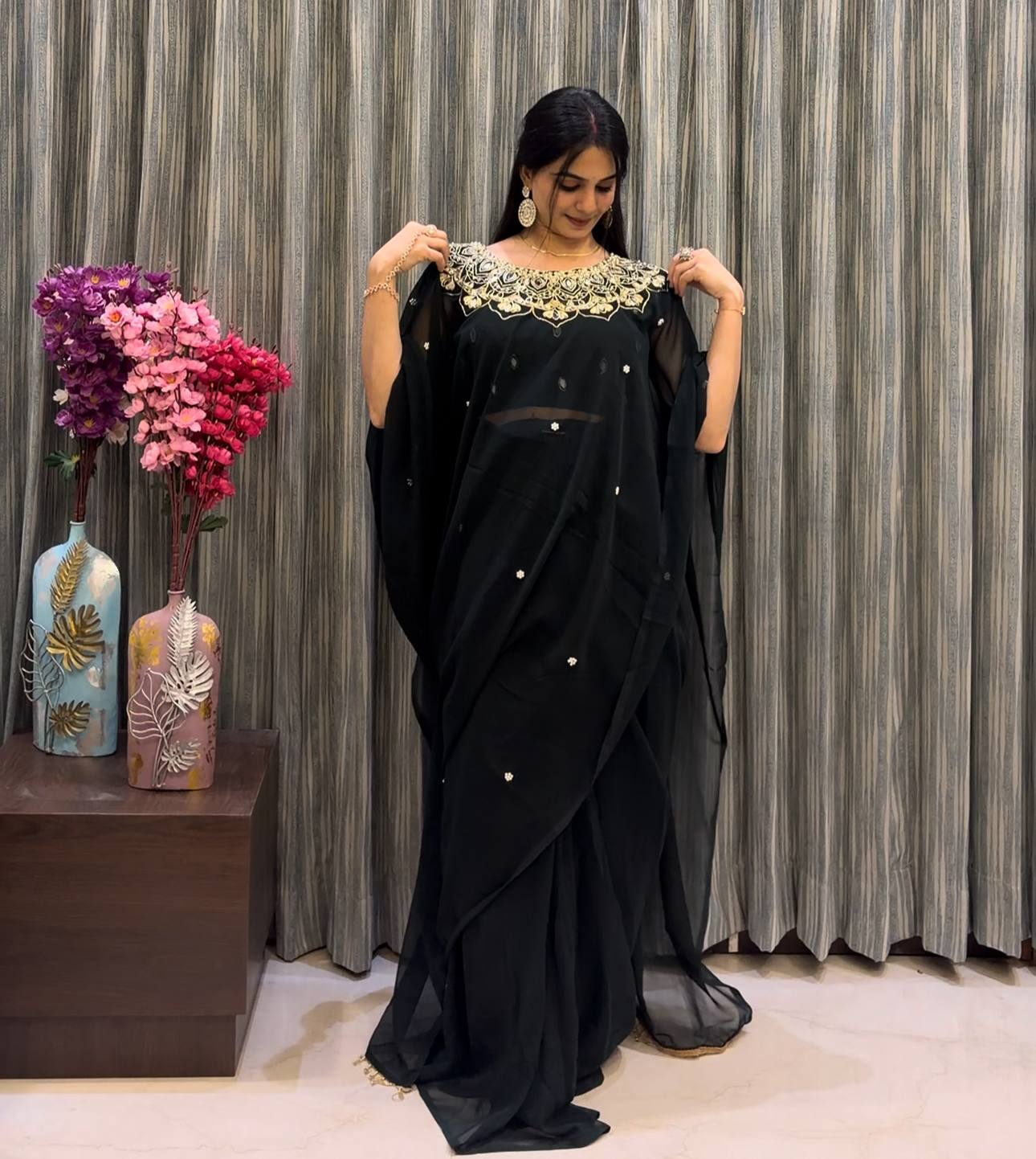 Elegant Kaftan Style Ready-to-Wear Saree with Heavy Embroidered Neck – Premium Party Wear