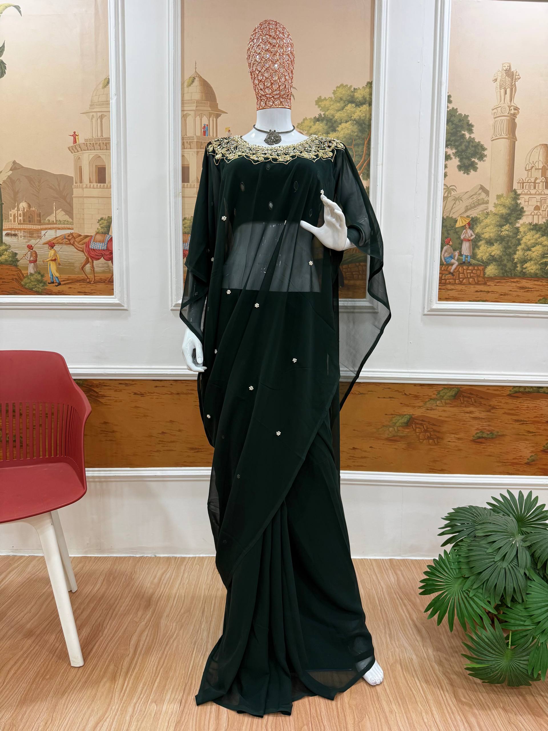 Elegant Kaftan Style Ready-to-Wear Saree with Heavy Embroidered Neck – Premium Party Wear